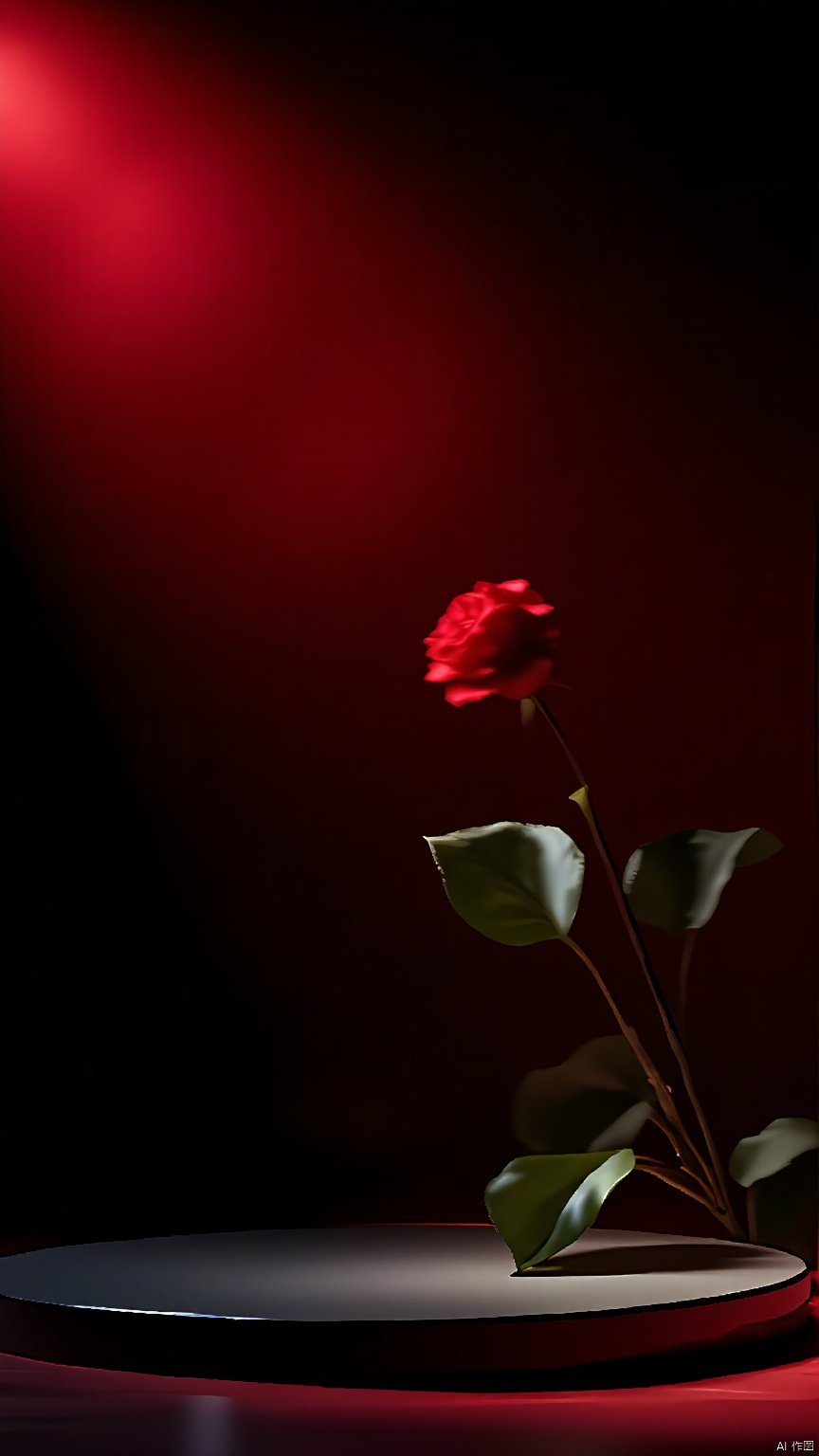 BJYS, A photograph of a single, vibrant red rose in full bloom, standing upright against a dark, blurred background. The rose's petals are a rich, deep red, and its green leaves are visible, with one leaf partially out of focus. The lighting is dramatic, with a strong spotlight shining down on the flower, casting deep shadows and creating a moody, almost theatrical atmosphere. The flower is positioned to the right of the frame, with the spotlight creating a bright, circular halo effect around it. The overall color scheme is dark and moody, with the red of the rose standing out starkly against the black background.