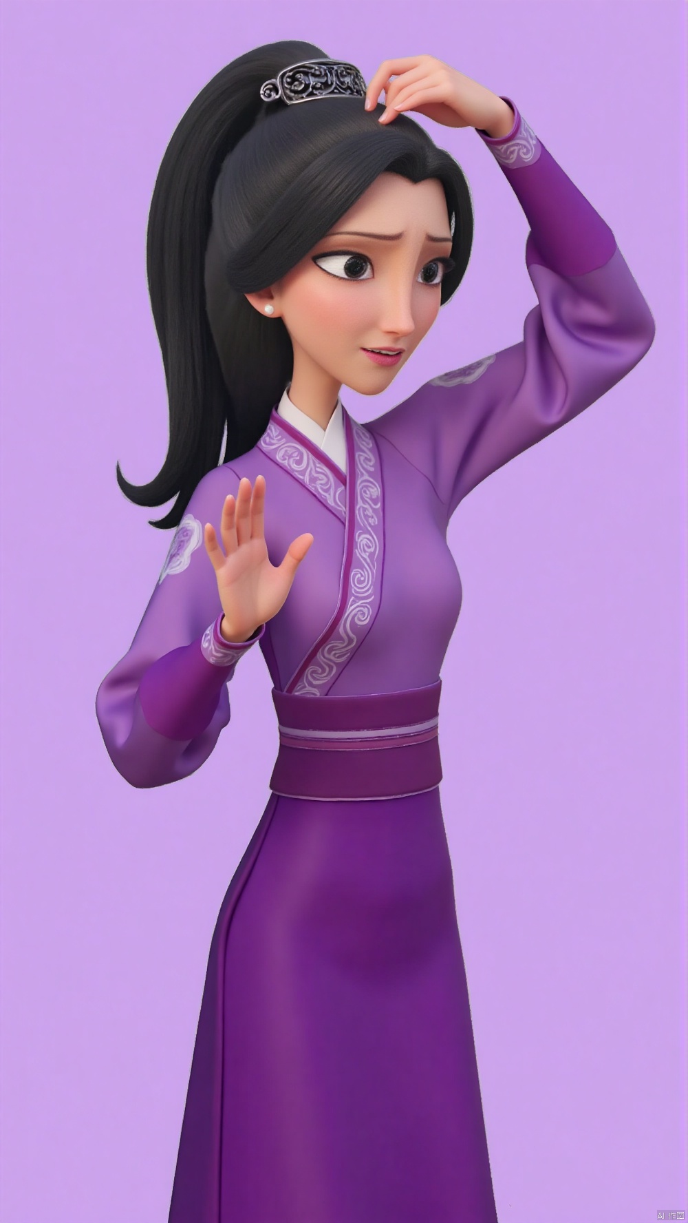 nzyfr,A cartoon drawing of a woman with long black hair tied in a ponytail. She is wearing a purple dress with a purple scarf around her neck. Her hair is pulled back in a bun. Her eyes are blue and her eyebrows are black. Her hands are raised in the air. Her left hand is raised in front of her face. The background is a lavender color.
