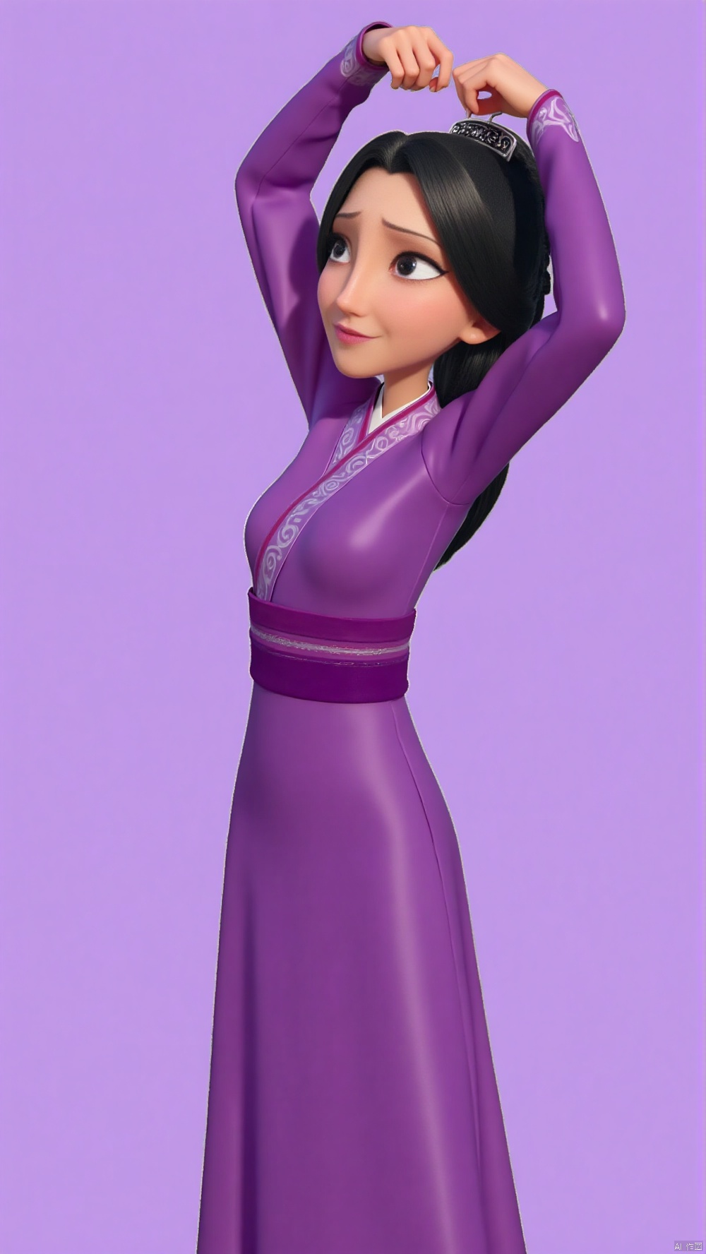 nzyfr,A cartoon drawing of a woman with long black hair tied in a ponytail. She is wearing a purple dress with a purple scarf around her neck. Her hair is pulled back in a bun. Her eyes are blue and her eyebrows are black. Her hands are raised in the air. Her left hand is raised in front of her face. The background is a lavender color.