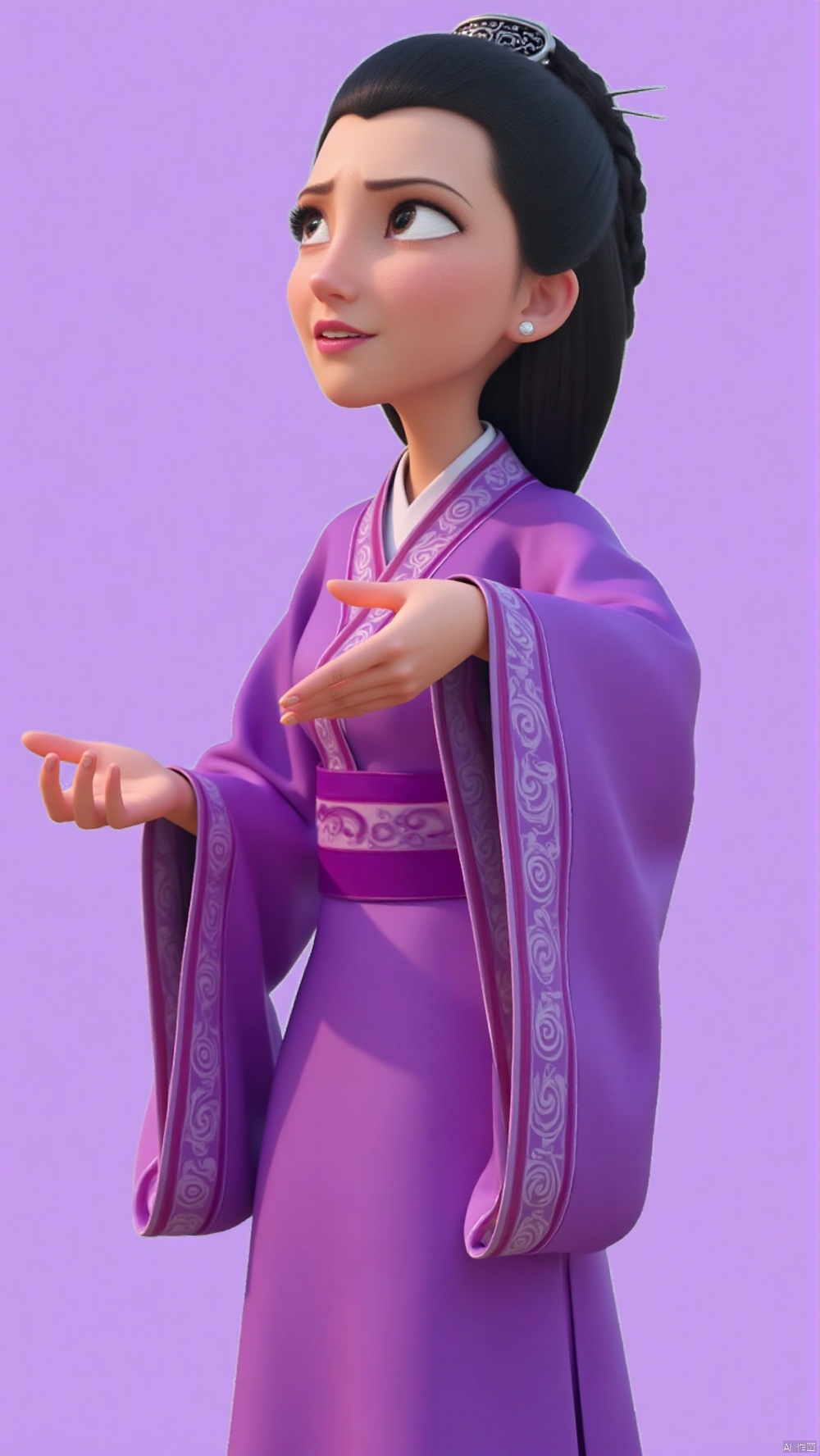 nzyfr,A cartoon drawing of a woman with long black hair tied in a ponytail. She is wearing a purple dress with a purple scarf around her neck. Her hair is pulled back in a bun. Her eyes are blue and her eyebrows are black. Her hands are raised in the air. Her left hand is raised in front of her face. The background is a lavender color.