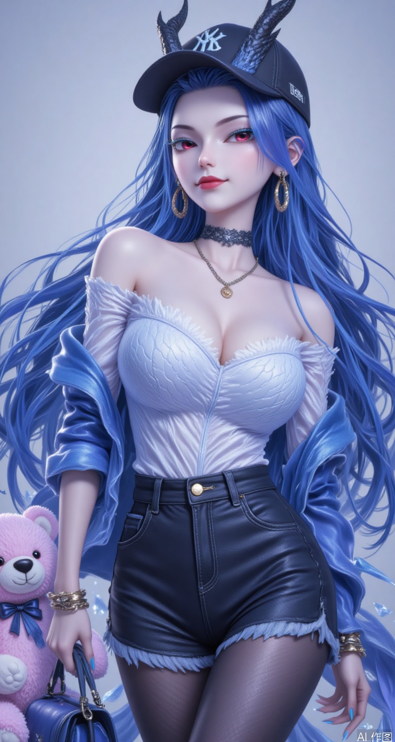 baoshi,lvjing,aorun,1girl,solo,long hair,red eyes,horns,dress,blue hair,1girl,jewelry,breasts,earrings,shorts,bag,pantyhose,large breasts,necklace,off shoulder,hat,choker,stuffed toy,stuffed animal,teddy bear,cleavage,solo,looking at viewer,jacket,bare shoulders,short shorts,stairs,see-through,handbag,bracelet,baseball cap,black shorts,hoop earrings,nipples,black pantyhose,shirt,denim shorts,collarbone,cutoffs,frills,black headwear,closed mouth,denim,white shirt,black choker,lips,cover,simple background,gradient_background,Close-up details,outstanding style,adding a touch of dimension to your images without compromising details,close-up,absurdres,
