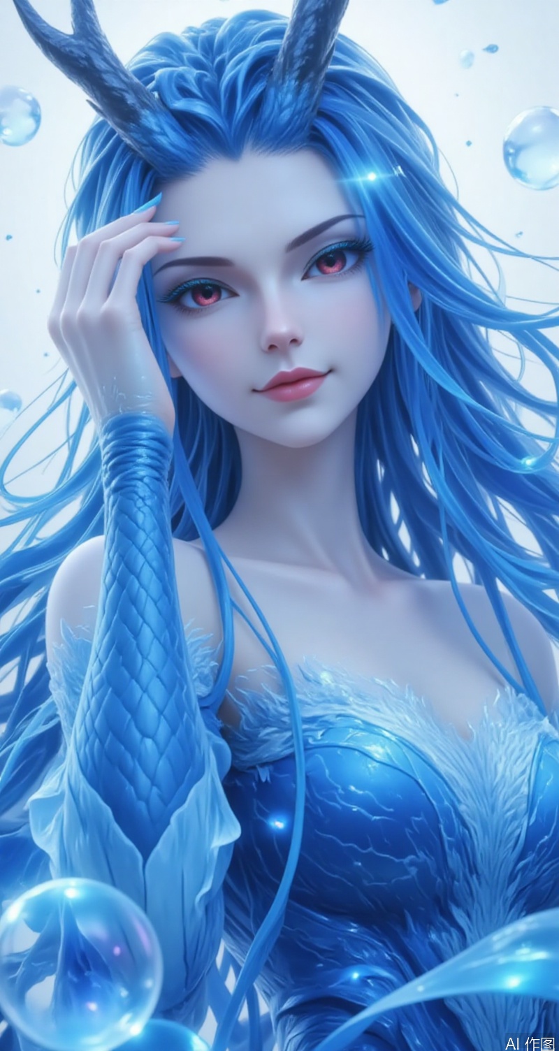baoshi,lvjing,aorun,1girl,solo,long hair,red eyes,horns,dress,blue dress,deep blue dress,blue hair,white background,bare shoulders,1 one hand on his head,looking at viewer,blue eyes,simple background,upper_body,cover,simple background,gradient_background,Close-up details,outstanding style,adding a touch of dimension to your images without compromising details,close-up,underwater,bubble,
