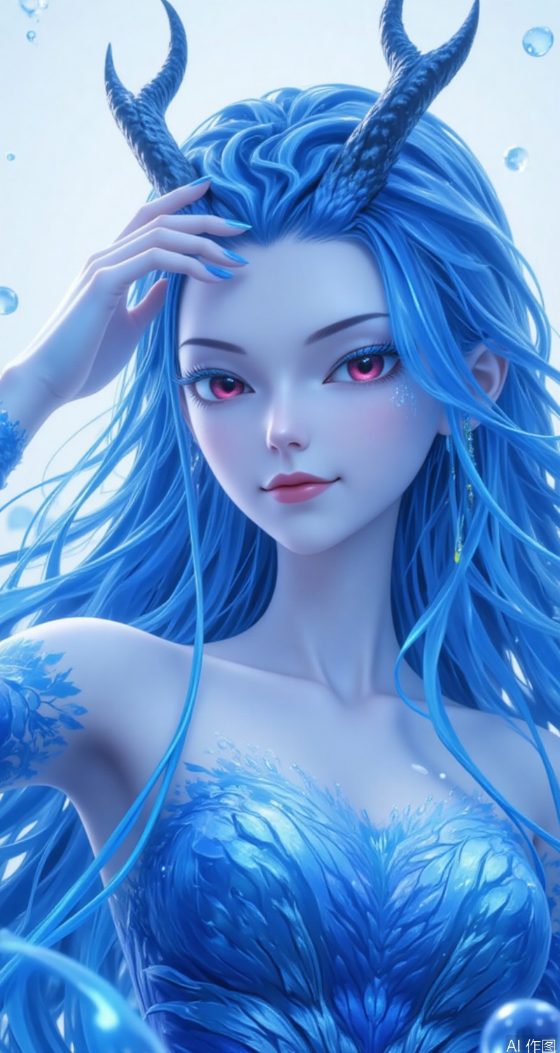 baoshi,lvjing,aorun,1girl,solo,long hair,red eyes,horns,dress,blue dress,deep blue dress,blue hair,white background,bare shoulders,1 one hand on his head,looking at viewer,blue eyes,simple background,upper_body,cover,simple background,gradient_background,Close-up details,outstanding style,adding a touch of dimension to your images without compromising details,close-up,underwater,bubble,
