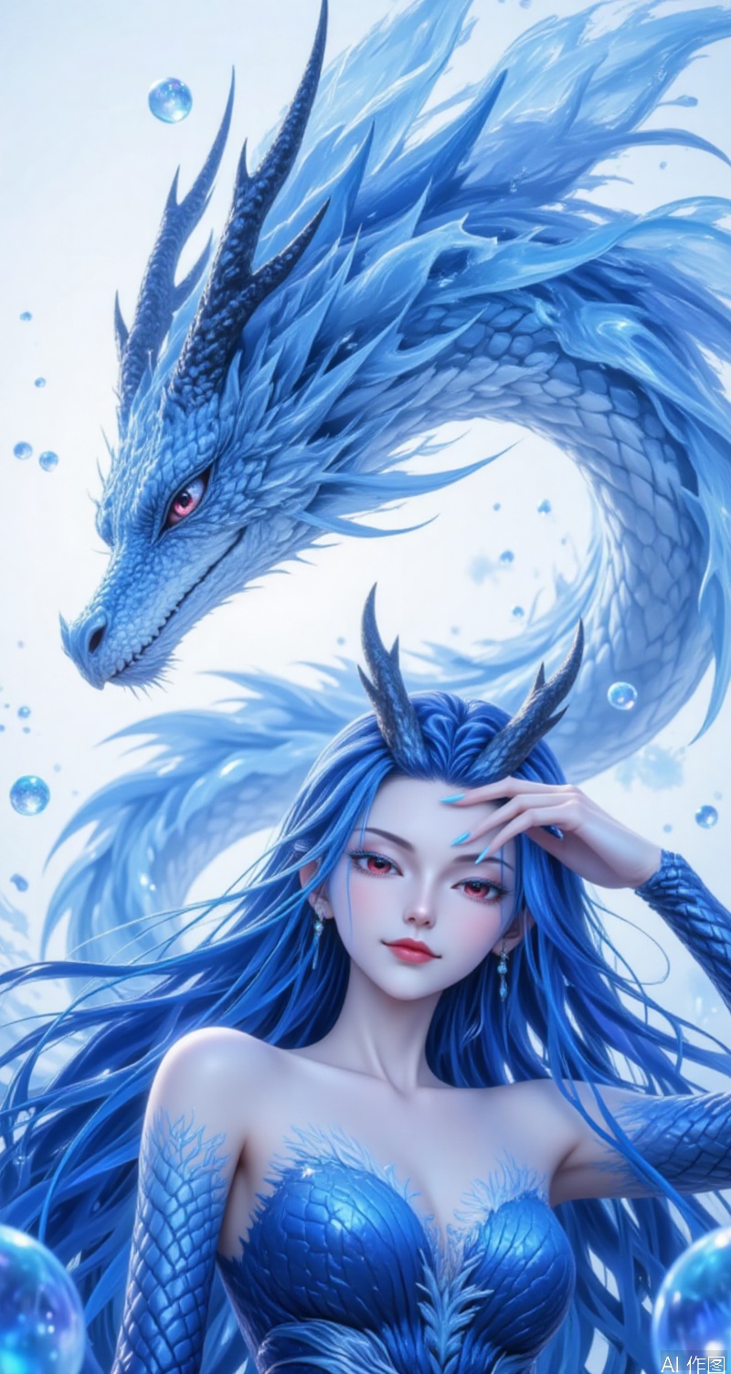 baoshi,lvjing,aorun,1girl,solo,long hair,red eyes,horns,dress,blue dress,deep blue dress,blue hair,white background,bare shoulders,1 one hand on his head,looking at viewer,upper_body,dragon,the background is a giant dragon,blue_dragon,air_bubble,cover,Close-up details,outstanding style,adding a touch of dimension to your images without compromising details,close-up,underwater,

