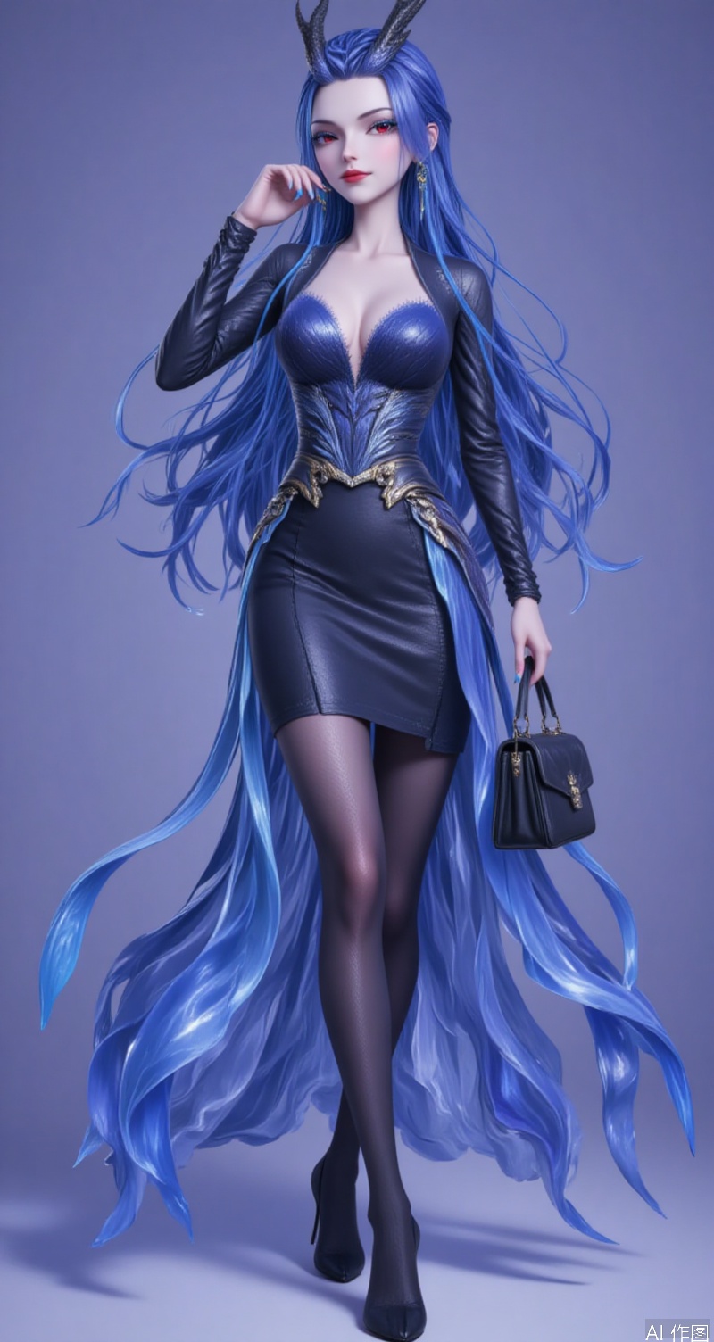 aorun,lvjing,aorun,1girl,solo,long hair,red eyes,horns,dress,blue hair,1girl,solo,high heels,bag,skirt,pantyhose,breasts,handbag,formal,earrings,jewelry,cleavage,pencil skirt,stairs,full body,suit,boa hancock,black footwear,jacket,looking at viewer,standing,large breasts,black skirt,skirt suit,nico robin,black jacket,cover,simple background,gradient_background,Close-up details,outstanding style,adding a touch of dimension to your images without compromising details,close-up,
