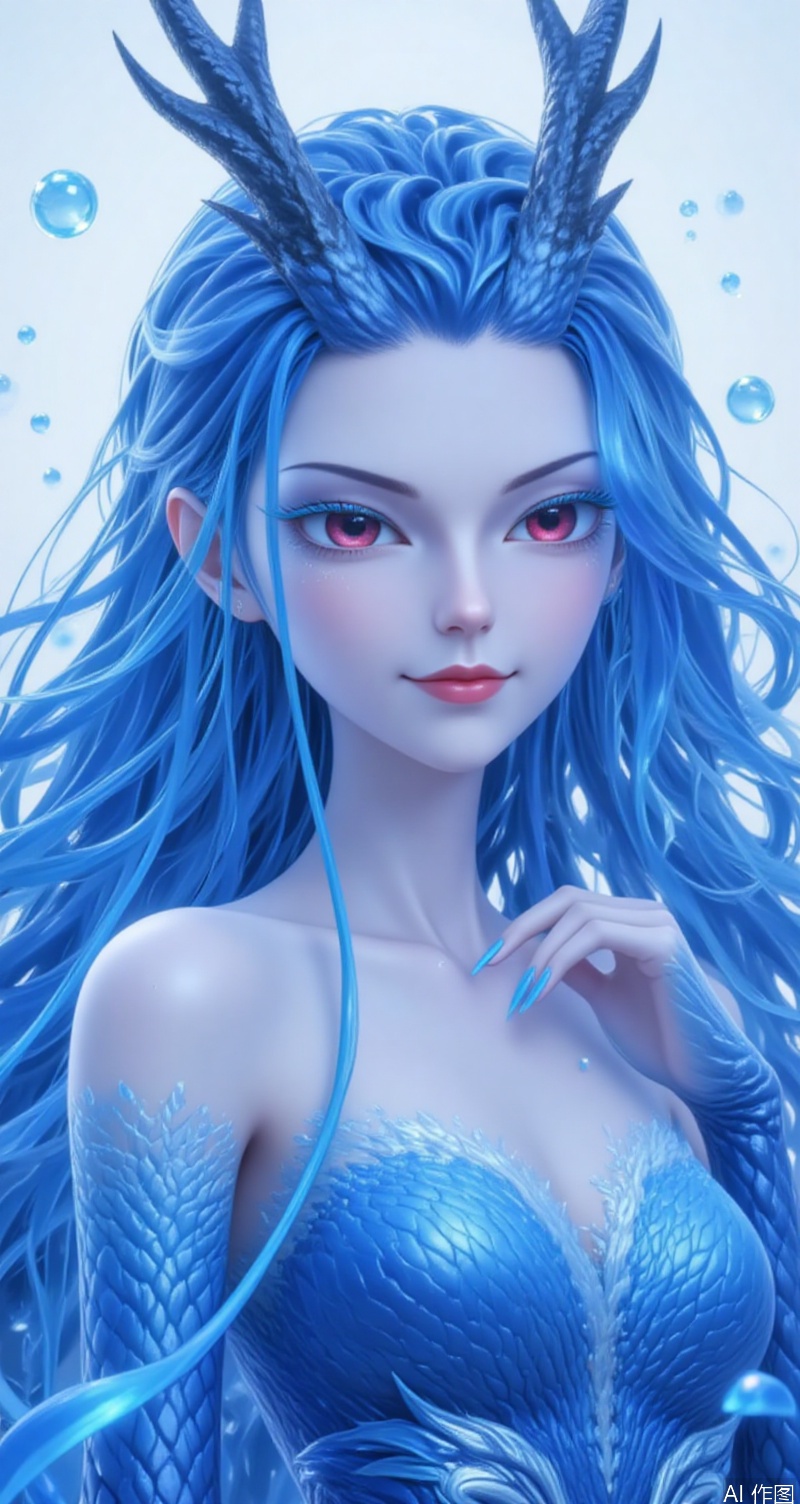 baoshi,lvjing,aorun,1girl,solo,long hair,red eyes,horns,dress,blue dress,deep blue dress,blue hair,white background,bare shoulders,1 one hand on his head,looking at viewer,blue eyes,simple background,upper_body,cover,simple background,gradient_background,Close-up details,outstanding style,adding a touch of dimension to your images without compromising details,close-up,underwater,bubble,
