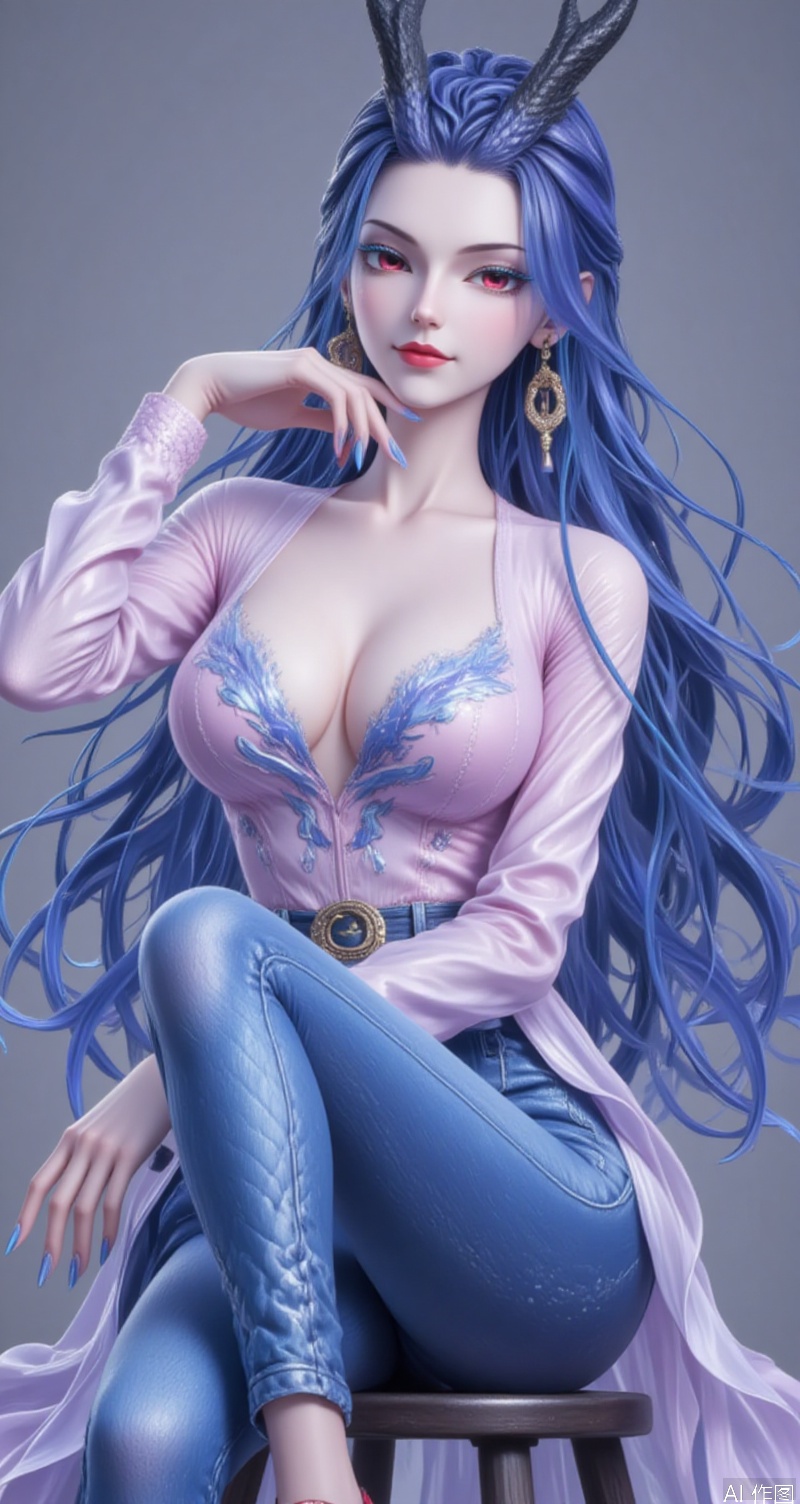 aorun,lvjing,aorun,1girl,solo,long hair,red eyes,horns,dress,blue hair,1girl,breasts,solo,earrings,jewelry,high heels,pants,sitting,large breasts,shirt,looking at viewer,cleavage,pink shirt,denim,jeans,closed mouth,simple background,blue pants,collarbone,hand on own knee,red footwear,stool,forehead,bangs,lips,head tilt,parted bangs,belt,fingernails,grey background,long sleeves,cover,simple background,gradient_background,Close-up details,outstanding style,adding a touch of dimension to your images without compromising details,close-up,
