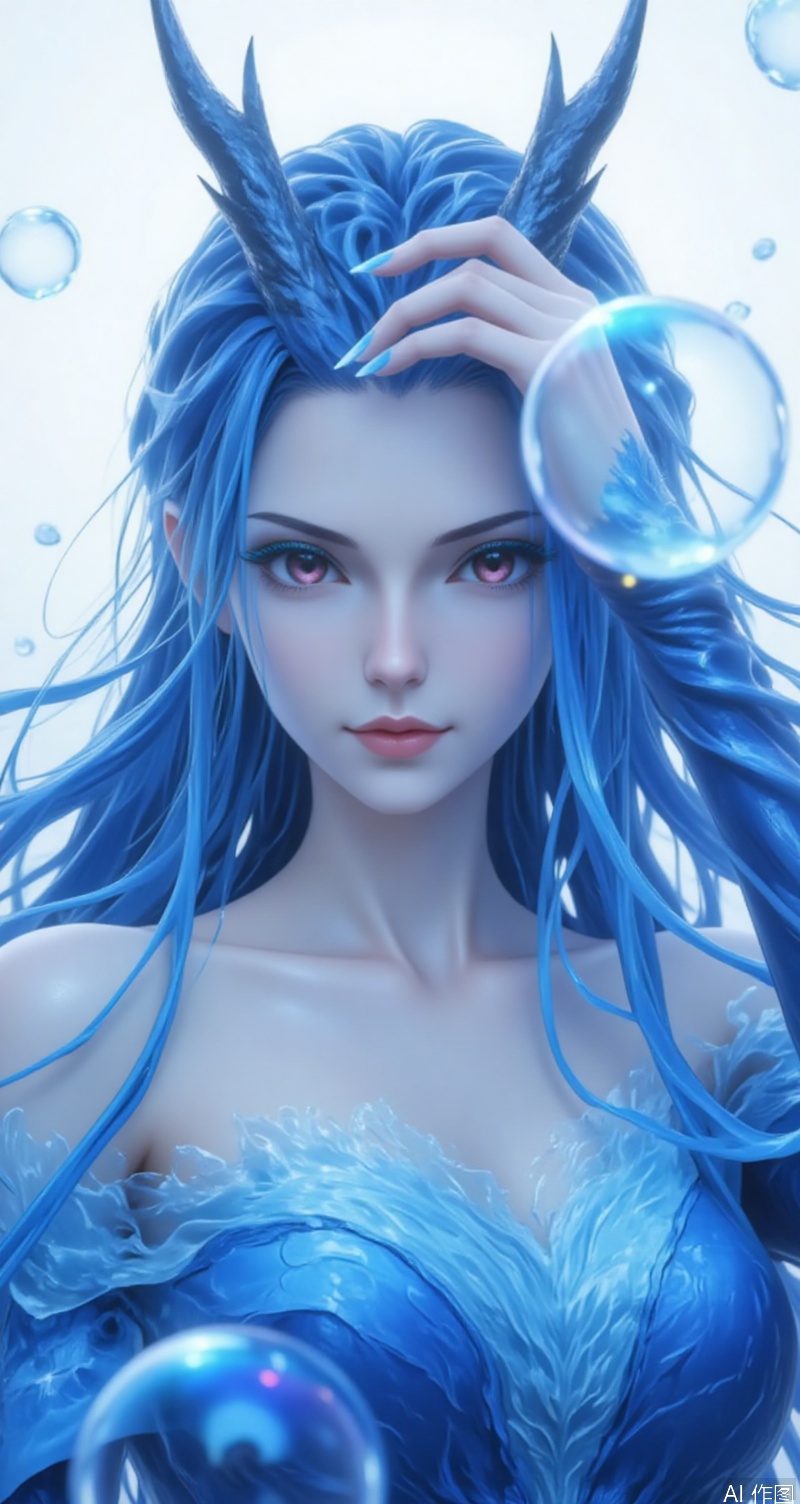 baoshi,lvjing,aorun,1girl,solo,long hair,red eyes,horns,dress,blue dress,deep blue dress,blue hair,white background,bare shoulders,1 one hand on his head,looking at viewer,blue eyes,simple background,upper_body,cover,simple background,gradient_background,Close-up details,outstanding style,adding a touch of dimension to your images without compromising details,close-up,underwater,bubble,
