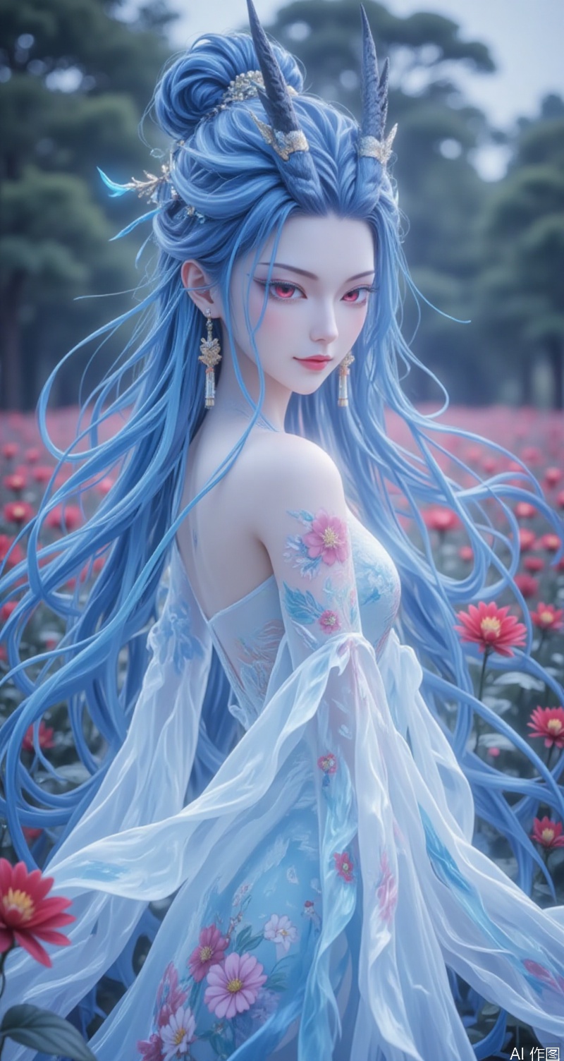 aorun,baoshi,lvjing,1girl,solo,long hair,red eyes,horns,dress,blue hair,1girl,solo,jewelry,earrings,blurry,chinese clothes,blurry background,flower,hair ornament,hanfu,long sleeves,floral print,hair bun,outdoors,looking at viewer,single hair bun,wide sleeves,closed mouth,makeup,collarbone,day,standing,red flower,cover,simple background,gradient_background,Close-up details,outstanding style,adding a touch of dimension to your images without compromising details,close-up,
