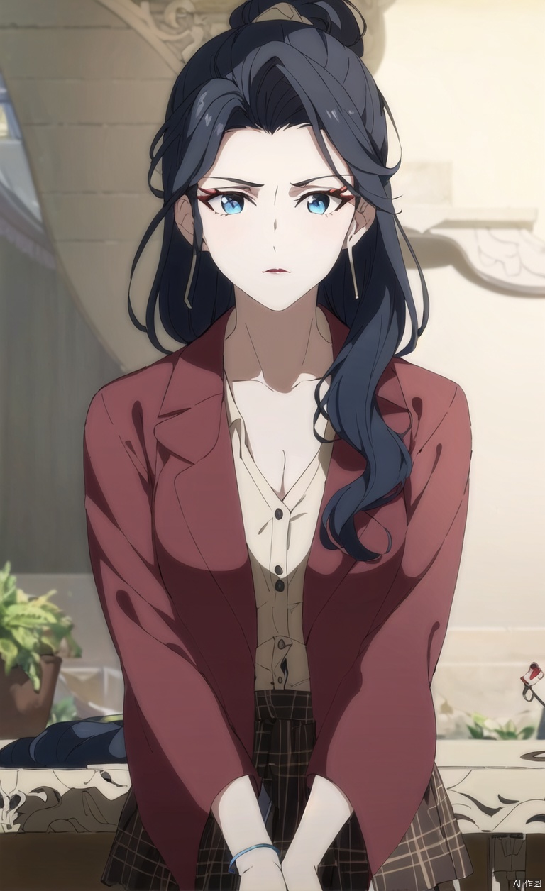 1girl, solo, long hair, looking at viewer, blue eyes,
black hair, hair ornament, closed mouth, Clear background, simple background,Mid cut bangs, wavy hair, hairpins,
portrait, red lips, hair stick,
T-shirt shirt, shirt, top two buttons unbuttoned, unfasten top two buttons, short sleeved shirt, plaid skirt, skirt, on the beach, there are stones on the beach, colored stones, red stones, black stones, blue stones,Sitting, sitting posture, sitting on a stool,