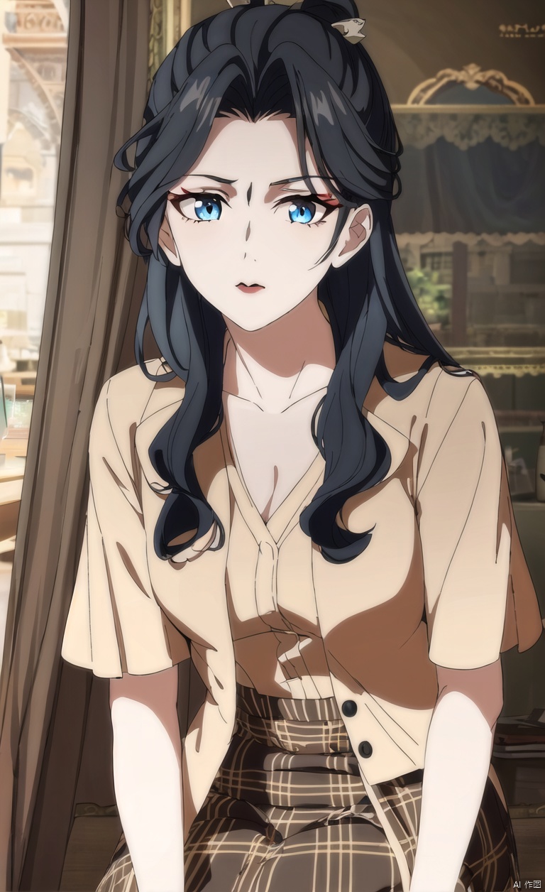 1girl, solo, long hair, looking at viewer, blue eyes,
black hair, hair ornament, closed mouth, Clear background, simple background,Mid cut bangs, wavy hair, hairpins,
portrait, red lips, hair stick,
T-shirt shirt, shirt, top two buttons unbuttoned, unfasten top two buttons, short sleeved shirt, plaid skirt, skirt, on the beach, there are stones on the beach, colored stones, red stones, black stones, blue stones,Sitting, sitting posture, sitting on a stool,