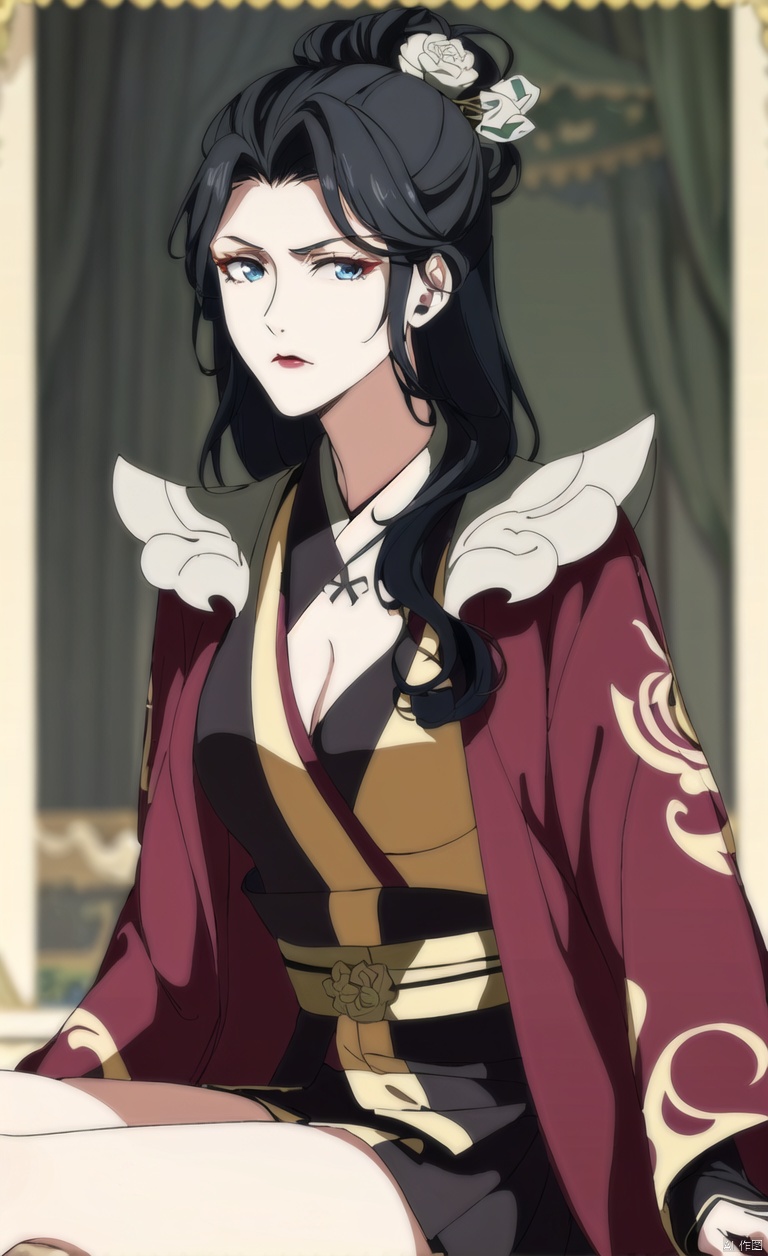 1girl, solo, long hair, looking at viewer, blue eyes,Sitting,
black hair, hair ornament, closed mouth, Clear background, simple background,Mid cut bangs, wavy hair, hairpins,
portrait, red lips, hair stick,Legs, thighs, big chest, Hanfu,