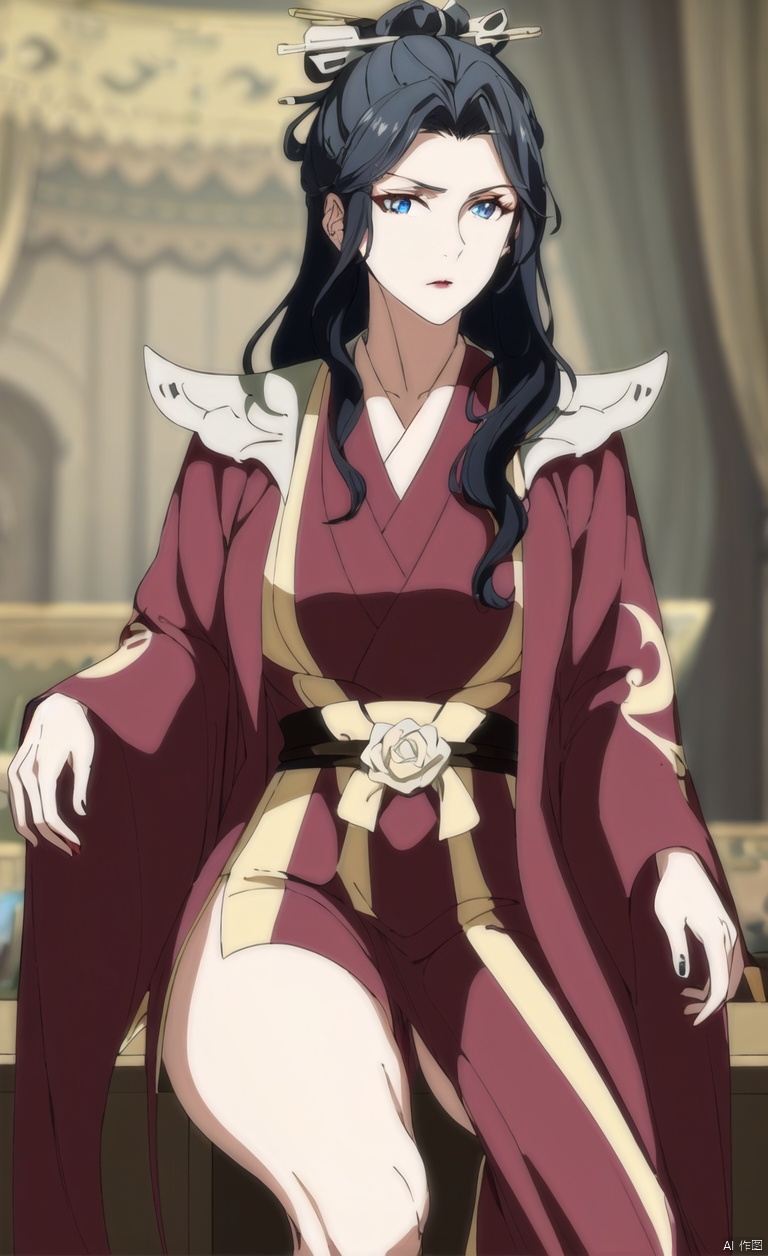 1girl, solo, long hair, looking at viewer, blue eyes,
black hair, hair ornament, closed mouth, Clear background, simple background,Mid cut bangs, wavy hair, hairpins,
portrait, red lips, hair stick,Legs, thighs, big chest, Hanfu,Sitting, sitting posture, sitting on a stool,