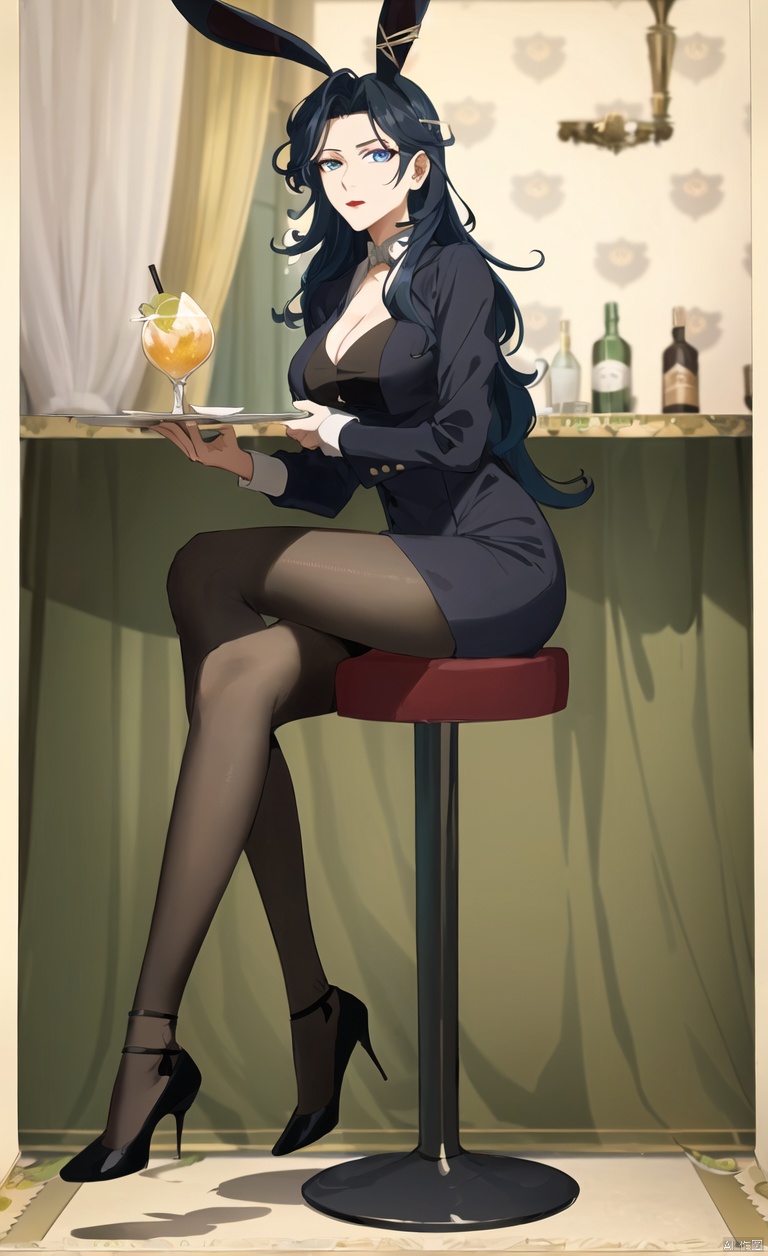 Rabbit girl, jumpsuit, mesh stockings, black mesh stockings, black high heels, wearing black high heels, holding plates with drinks, cocktail drinks, drinks, dining table, bar background, bar,
1girl, solo, long hair, looking at viewer, blue eyes,
black hair, hair ornament, closed mouth, Clear background, simple background,Mid cut bangs, wavy hair, hairpins,
portrait, red lips, hair stick,Sitting, sitting posture, sitting on a stool,