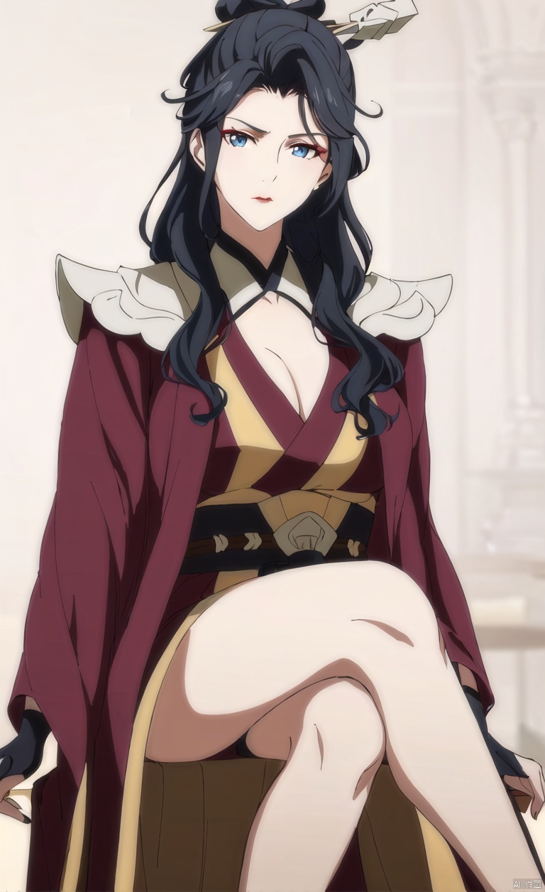 1girl, solo, long hair, looking at viewer, blue eyes,
black hair, hair ornament, closed mouth, Clear background, simple background,Mid cut bangs, wavy hair, hairpins,
portrait, red lips, hair stick,Legs, thighs, big chest, Hanfu,Sitting, sitting posture, sitting on a stool,