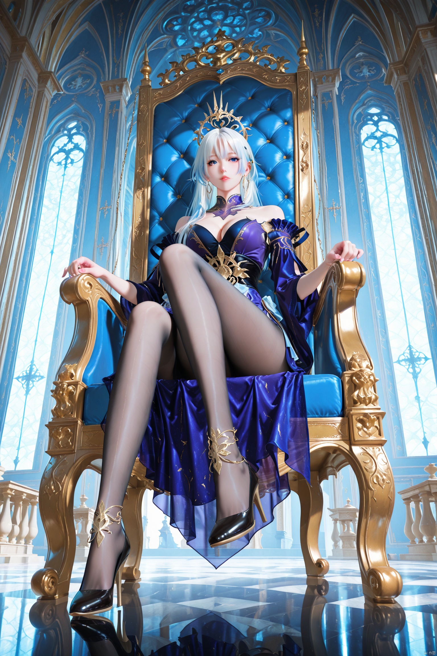 ydj_xmxc,1girl,solo,long hair,Long blue and white hair,full body,Keywords off-the-shoulder, cleavage, medium breast, ear chain, indoor,Exposing thighs, sit,looking_at_viewer,long leags,,from below,Upward angle of view,Keywords palace, palace, reflective glass, throne,Black silk pantyhose, high heels, purple palace