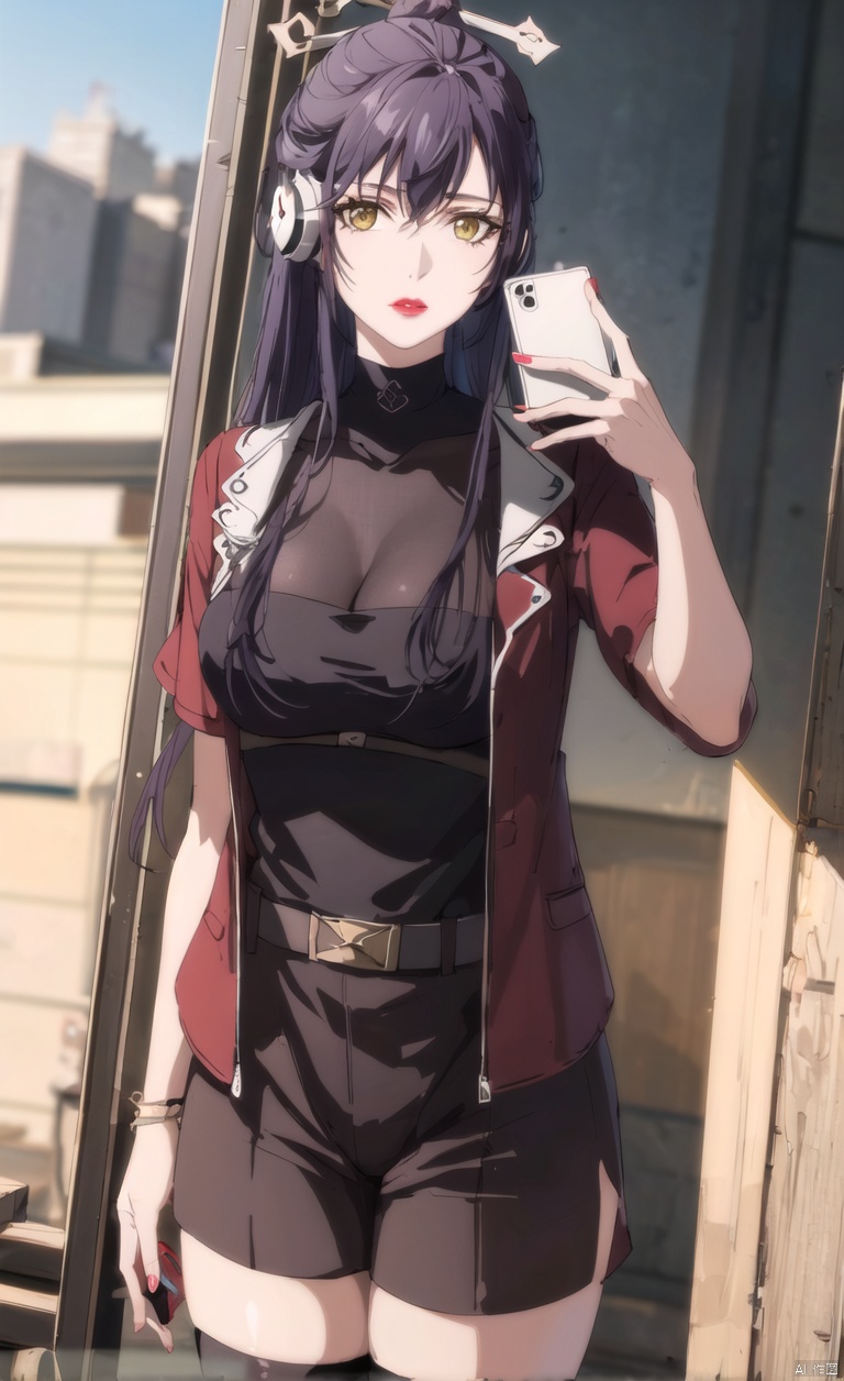 City background, wearing headphones, wired headphones, holding a phone in hand, taking selfies, wearing technology clothing with reflective edges, jacket, short sleeved, short skirt, jumpsuit stockings, jumpsuit stockings,
1girl, solo, long hair, looking at viewer,  black hair, hair ornament, yellow eyes,  lips, lipstick, portrait,There is hair between the eyes, hairpins,