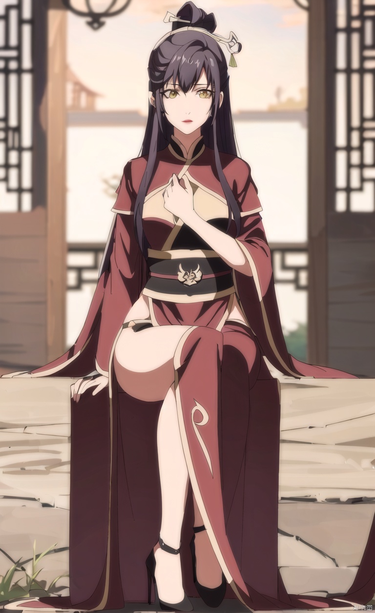 1girl, solo, long hair, looking at viewer, black hair, hair ornament, yellow eyes, lips, lipstick, portrait,There is hair between the eyes, hairpins,
Full body, clear background, high-definition characters, legs, thighs, wearing high heels, ancient costume, Chinese Hanfu, Hanfu, jumpsuit,Sitting, sitting posture, sitting on a stool,