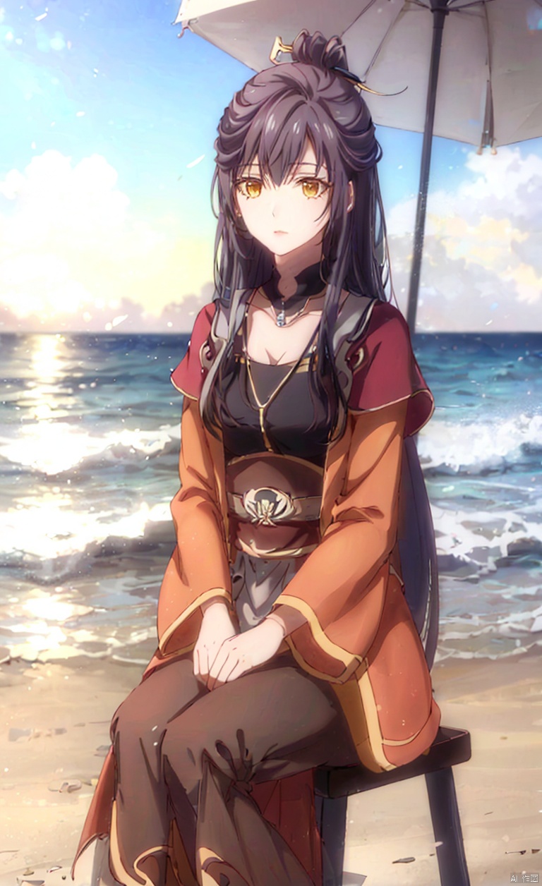 A girl with hair between her eyes, hairpin, yellow eyes, long hair, black hair, black hair, sitting, sitting, sitting on a stool, on the beach, by the sea,