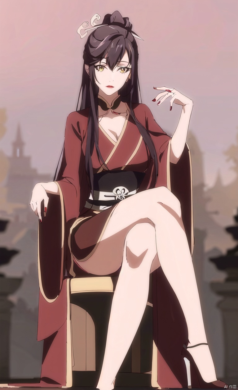 1girl, solo, long hair, looking at viewer, black hair, hair ornament, yellow eyes, lips, lipstick, portrait,There is hair between the eyes, hairpins,
Full body, clear background, high-definition characters, legs, thighs, wearing high heels, ancient costume, Chinese Hanfu, Hanfu, jumpsuit,Sitting, sitting posture, sitting on a stool,