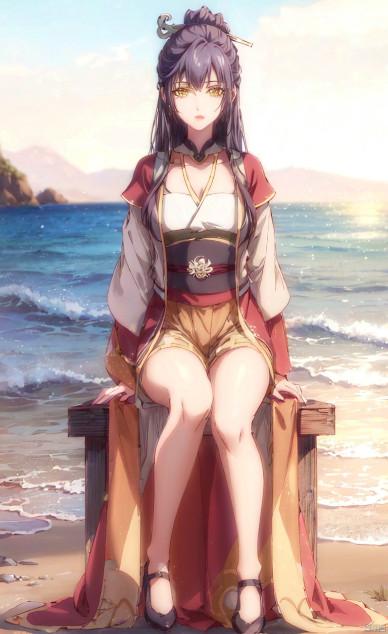 1girl, solo, long hair, looking at viewer, black hair, hair ornament, yellow eyes, lips, lipstick, portrait,There is hair between the eyes, hairpins,
Full body, clear background, high-definition characters, legs, thighs, wearing high heels, ancient costume, Chinese Hanfu, Hanfu, jumpsuit,Sitting, sitting posture, sitting on a stool, on the beach, by the seaside,