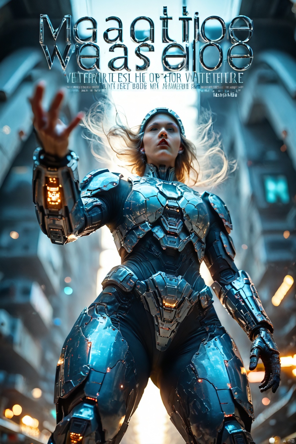  1girl, parted lips, hair blowing in wind, open hand, machinery, Mecha, science fiction, machinery armor, Metallic luster, electroplated, clothes sign, Mars, spaceship, floating cannon, hexagon, (from below:1.2), glow, backlighting, (background blur:1.2), cinematic lighting, Low illumination, VHS-style, (masterpiece:1.3), (best quality:1.1), intricate detailed, (Hyperrealistic:1.1), (realistic details:1.1), highly detailed, (the text on the cover should be bold and attention-grabbing, with the title of the magazine and a catchy headline:1.4), , ,Super perspective,wide shot. Dynamic pose, fighting_stance.,wide shot,(BEAUTIFUL FEMALE ANDROID:1.3),SPARTANFEMALESDXL, 1GIRL,ARMOR, BLURRY,THICK THIGHS,HELMET,SCIENCE FICTION,SKIN TIGHT,POWER,ARMOR,HELMET,,KYUYONGEOM score_9 score_8_up score_7_up