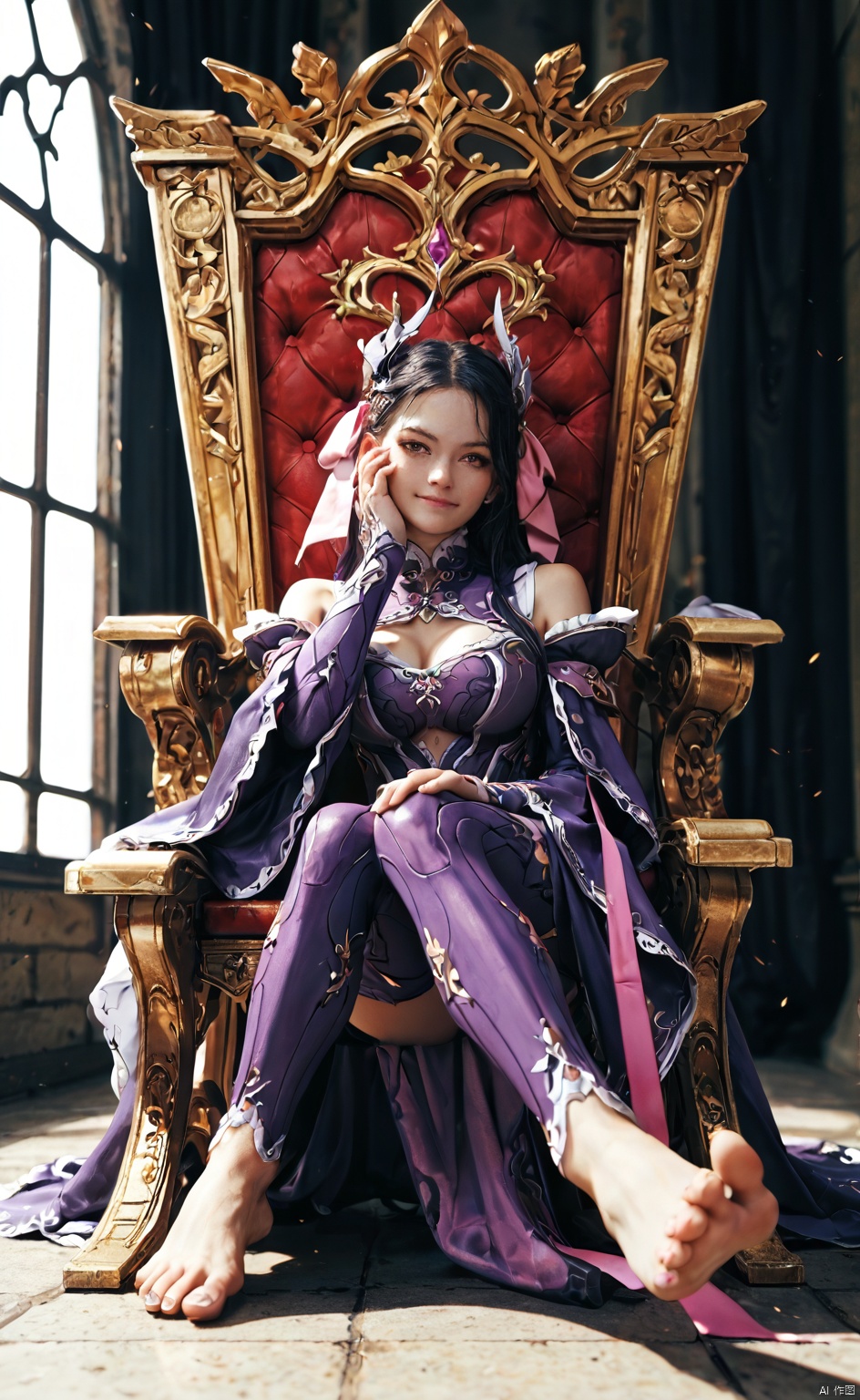 ,score_9 score_8_up score_7_up,1girl,krul tepes,silk clothes,frills,pink ribbons,detached sleeves,sleeves past wrists,sitting on throne,hand on own face,hand on own thigh,legs crossed,glaring,smirk,chiaroscuro,low angle,foot focus,barefoot,feet,toes,toenails,,masterpiece, best quality, absurdres, newest, very aesthetic, amazing quality,highres,sensitive,score_9_up score_8_up score_7_up,,RUANYI0516 purple bodysuit machanic wing
