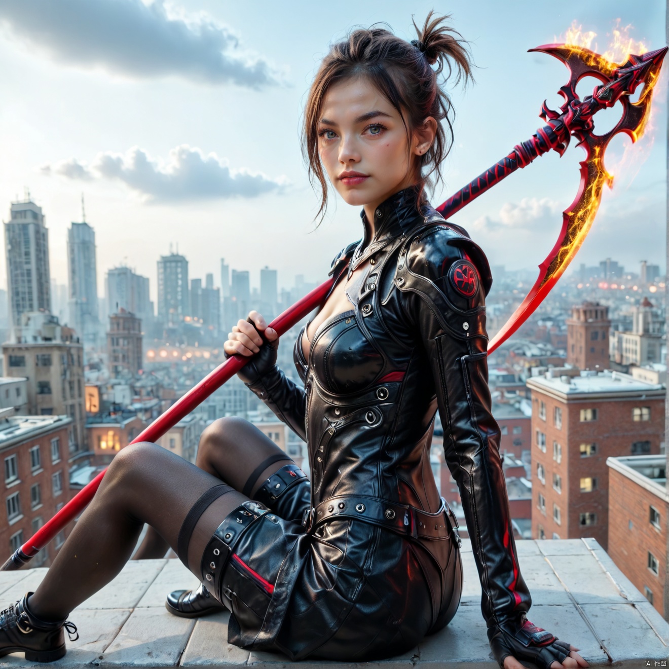  A girl in black stockings sits on the roof, Overlooking the whole city, The style is neon punk, anime style, realistic techniques, bugcore, jump cuts, new operations, fire core, wielding a scythe,(BEAUTIFUL FEMALE ANDROID:1.3)