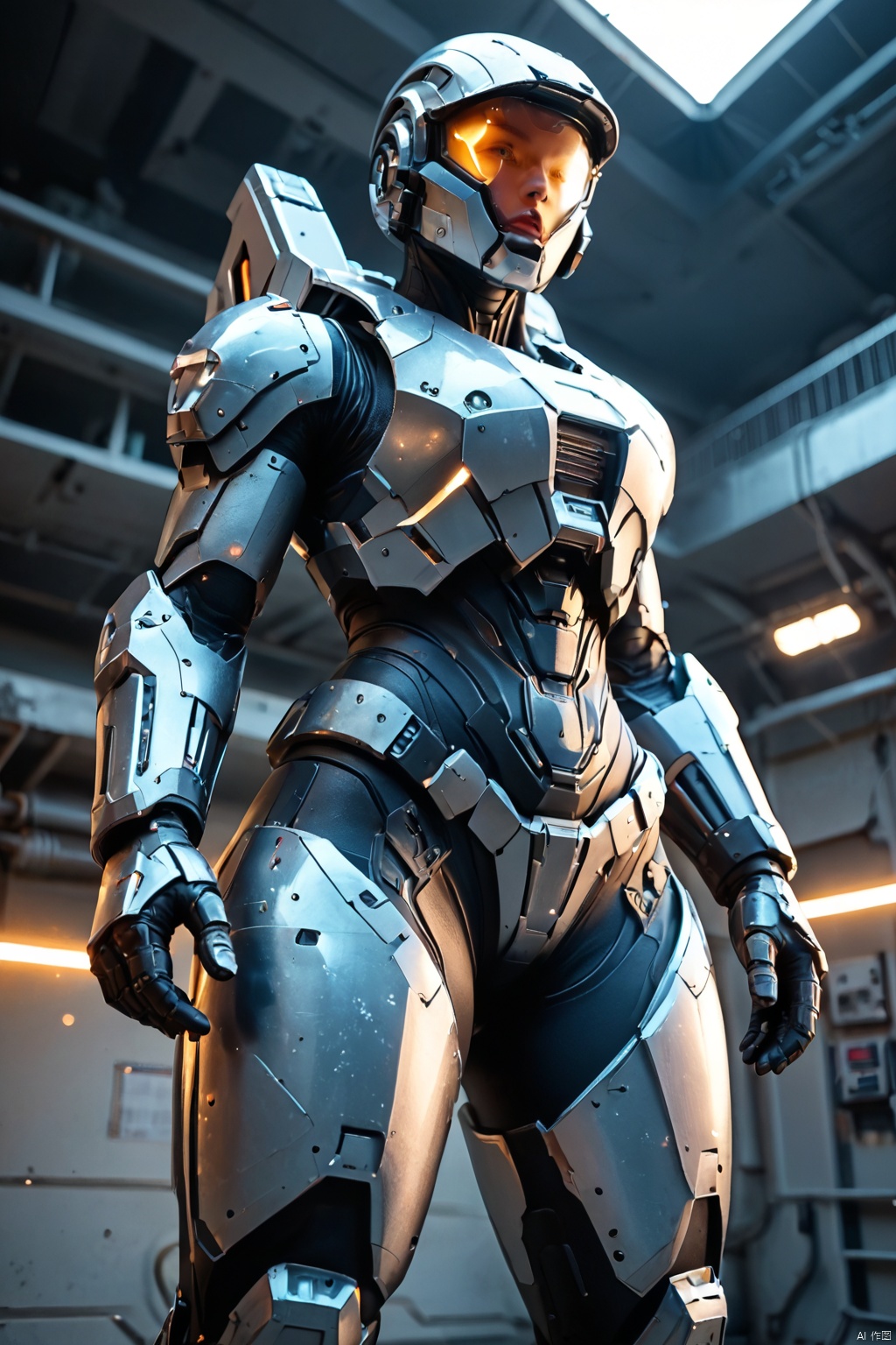  1girl, parted lips, hair blowing in wind, open hand, machinery, Mecha, science fiction, machinery armor, Metallic luster, electroplated, clothes sign, Mars, spaceship, floating cannon, hexagon, (from below:1.2), glow, backlighting, (background blur:1.2), cinematic lighting, Low illumination, VHS-style, (masterpiece:1.3), (best quality:1.1), intricate detailed, (Hyperrealistic:1.1), (realistic details:1.1), highly detailed, (the text on the cover should be bold and attention-grabbing, with the title of the magazine and a catchy headline:1.4), , ,Super perspective,wide shot. Dynamic pose, fighting_stance.,wide shot,(BEAUTIFUL FEMALE ANDROID:1.3),SPARTANFEMALESDXL, 1GIRL,ARMOR, BLURRY,THICK THIGHS,HELMET,SCIENCE FICTION,SKIN TIGHT,POWER,ARMOR,HELMET,POWER,ARMOR,HELMET,