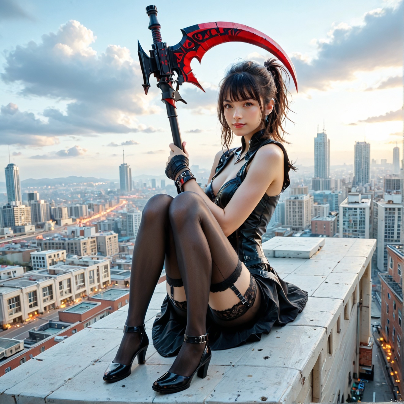 A girl in black stockings sits on the roof, Overlooking the whole city, The style is neon punk, anime style, realistic techniques, bugcore, jump cuts, new operations, fire core, wielding a scythe,(BEAUTIFUL FEMALE ANDROID:1.3)