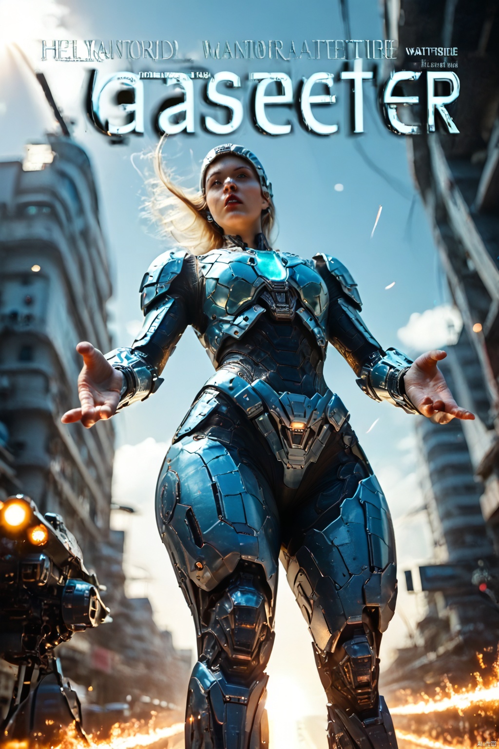  1girl, parted lips, hair blowing in wind, open hand, machinery, Mecha, science fiction, machinery armor, Metallic luster, electroplated, clothes sign, Mars, spaceship, floating cannon, hexagon, (from below:1.2), glow, backlighting, (background blur:1.2), cinematic lighting, Low illumination, VHS-style, (masterpiece:1.3), (best quality:1.1), intricate detailed, (Hyperrealistic:1.1), (realistic details:1.1), highly detailed, (the text on the cover should be bold and attention-grabbing, with the title of the magazine and a catchy headline:1.4), , ,Super perspective,wide shot. Dynamic pose, fighting_stance.,wide shot,(BEAUTIFUL FEMALE ANDROID:1.3),SPARTANFEMALESDXL, 1GIRL,ARMOR, BLURRY,THICK THIGHS,HELMET,SCIENCE FICTION,SKIN TIGHT,POWER,ARMOR,HELMET,,KYUYONGEOM score_9 score_8_up score_7_up