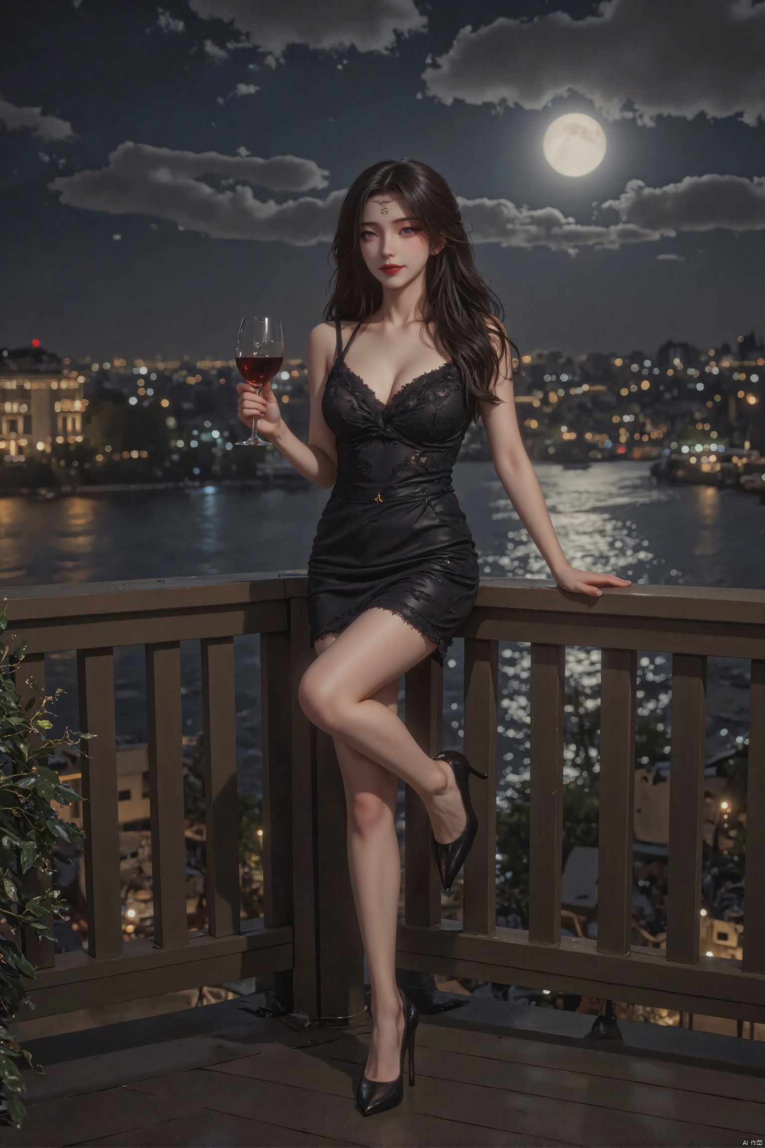 On a moonlit night, a girl stood alone on the balcony overlooking the bustling city. Her hair was thick and black, and the loose wavy shape outlined the golden marks on her face and forehead. Black dress, sleeveless dress, absolute field, perfect figure, showing a pair of beautiful long legs, wearing black stockings and black high heels, holding red wine in one hand, smiling, looking at the audience, approaching the audience, shooting from below, Shooting at low angle. She leaned against the balcony, holding the railing. The background is a city architectural landscape illuminated by lights and a river reflecting silver moonlight, with blurred background.