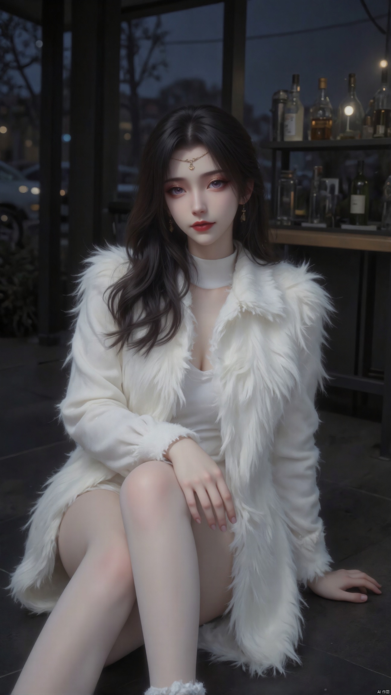 1 girl, shot from side and below, super low angle shot, a medium-tall young female model sitting on the floor with long black hair, forehead marks, hair hanging down to shoulders. She wore a white fur coat with white pantyhose and earrings. Fashion and art, dark blue atmosphere, drunk, drunk, blushing, half-closed eyes, blurred consciousness, tiredness, sleepy, satisfied smile. The background is outdoors, streets, windows, empty wine bottles, night, blurred background, dynamic pose.