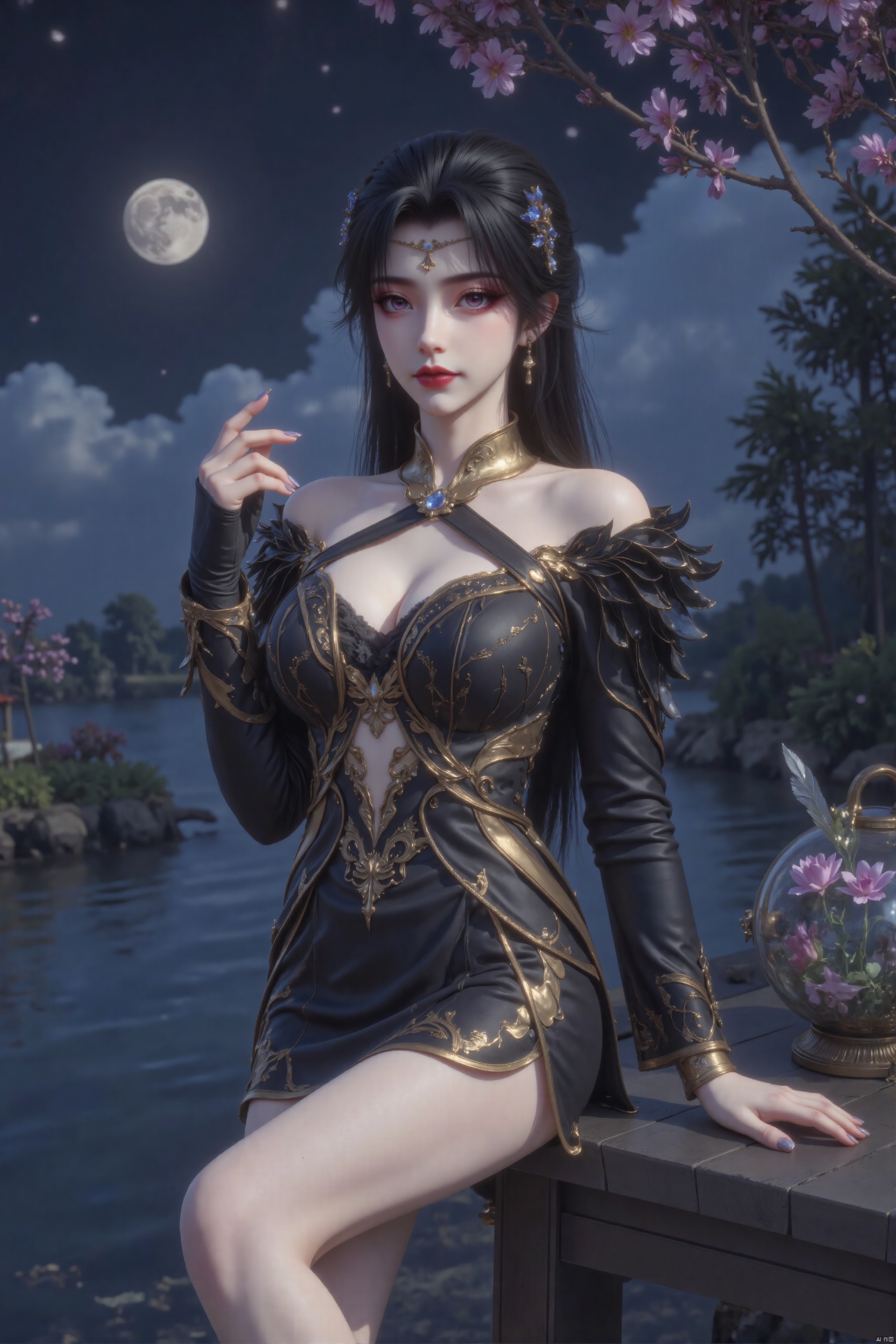 1 girl, alone, long hair, boobs, looking straight at the audience, forehead marks, black hair, hair accessories, purple eyes, thigh socks, gloves, dress, off-shoulder, huge boobs, full body, boots, black gloves, belt , fingerless gloves, role-playing, black dress, official spare costume, kneeling position. The background is starry sky, meteor, rainbow, sea of ​​clouds, crystal, elves, fairyland, radiant, veil fluttering, floating island, mysterious forest, dream castle, moon, starry sea, fairy, flower sea, crystal ball, magic circle, feather Falling, dreamy colors, light and shadow intertwined