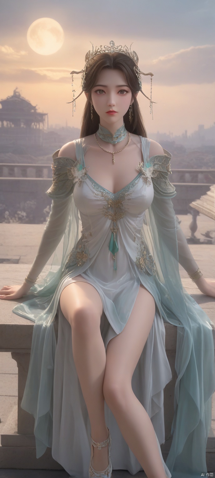 score_9,score_8,(high definition, Best quality, masterpiece, 4K, exquisite skin), 1girl, solo, breasts, looking at viewer, moon in the sky behind. The sky is filled with white clouds, sitting, shoes