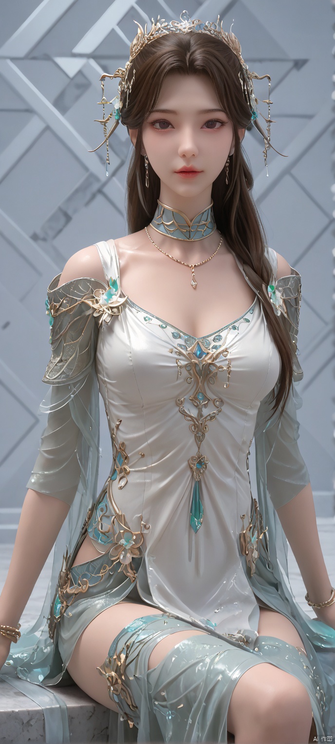 score_9,score_8,(high definition, Best quality, masterpiece, 4K, exquisite skin), 1girl, solo, breasts, looking at viewer, (diamond and beam background:1.1), sitting