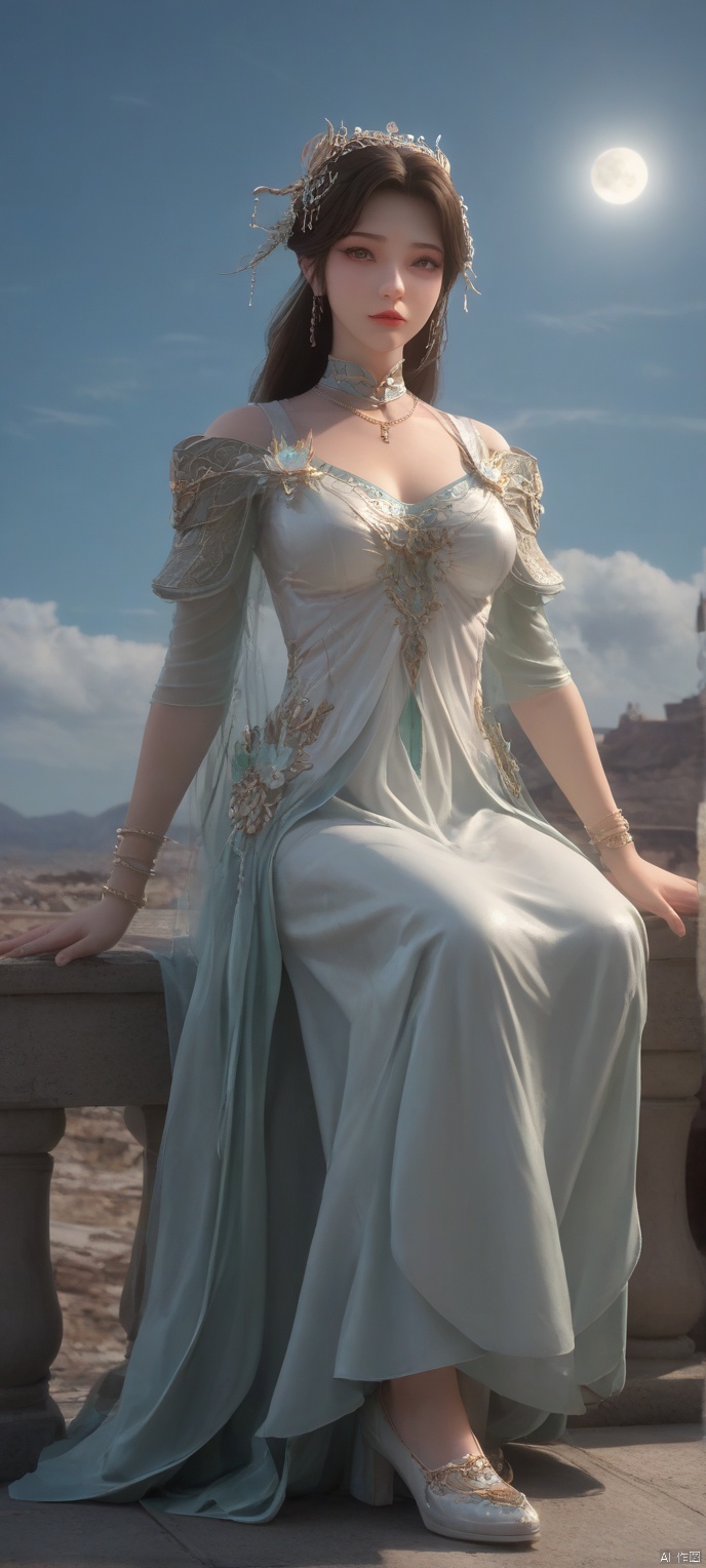 score_9,score_8,(high definition, Best quality, masterpiece, 4K, exquisite skin), 1girl, solo, breasts, looking at viewer, moon in the sky behind. The sky is filled with white clouds, sitting, shoes