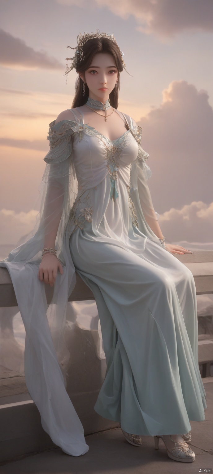 score_9,score_8,(high definition, Best quality, masterpiece, 4K, exquisite skin), 1girl, solo, breasts, looking at viewer, moon in the sky behind. The sky is filled with white clouds, sitting, shoes