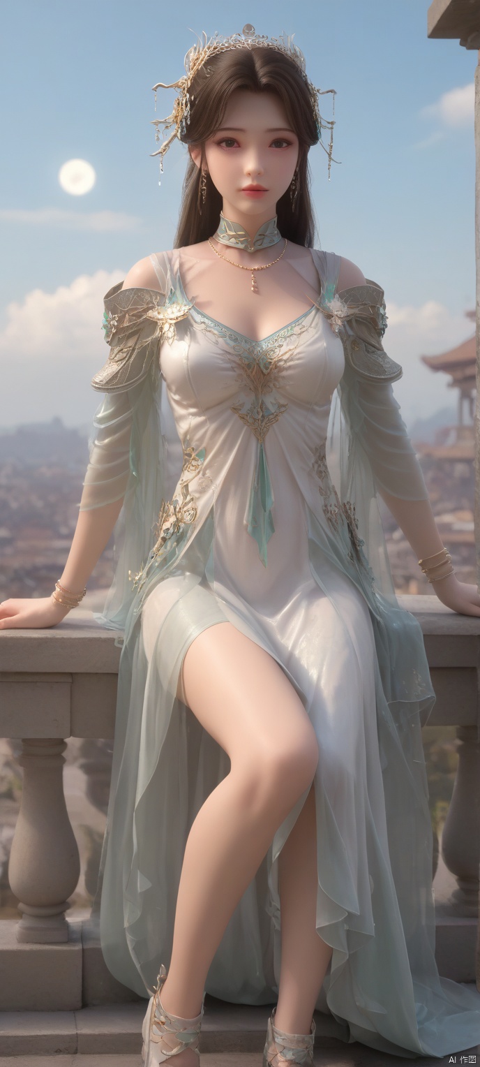 score_9,score_8,(high definition, Best quality, masterpiece, 4K, exquisite skin), 1girl, solo, breasts, looking at viewer, moon in the sky behind. The sky is filled with white clouds, sitting, shoes