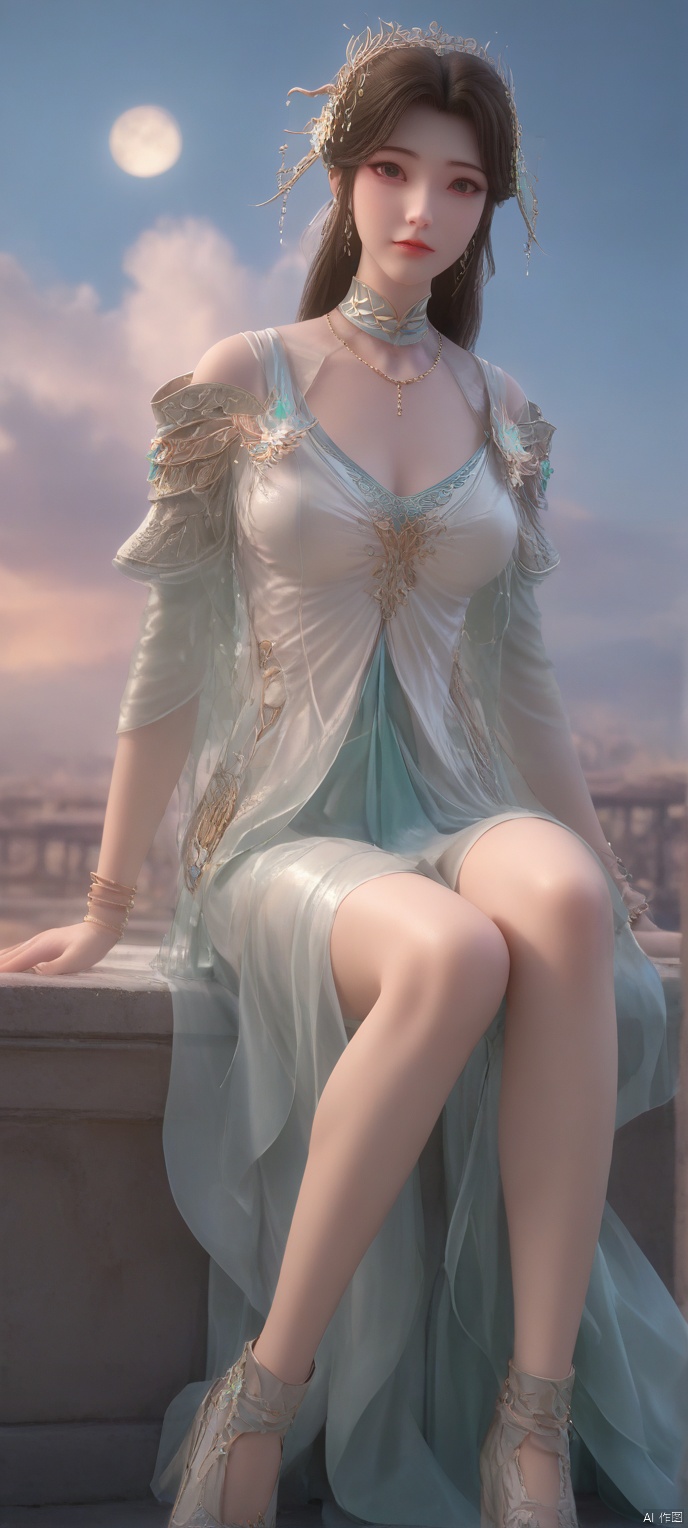score_9,score_8,(high definition, Best quality, masterpiece, 4K, exquisite skin), 1girl, solo, breasts, looking at viewer, moon in the sky behind. The sky is filled with white clouds, sitting, shoes
