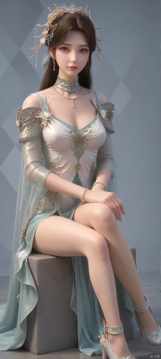 score_9,score_8,(high definition, Best quality, masterpiece, 4K, exquisite skin), 1girl, solo, breasts, looking at viewer, (diamond and beam background:1.1), sitting, shoes