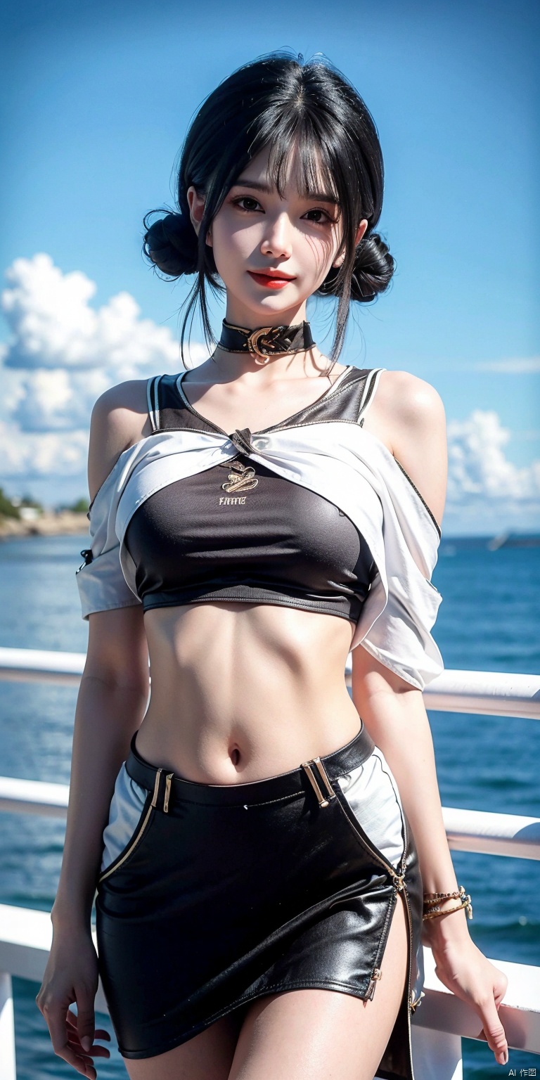 best quality, masterpiece, realistic,cowboy_shot,(Good structure), DSLR Quality,Depth of field,kind smile,looking_at_viewer,Dynamic pose, 
,Short skirt,Blue sky, white clouds, ocean, nai3, 1girl, solo, crop top, , choker, navel, shirt, midriff, crop top overhang, looking at viewer, white shirt, jewelry, breasts, bare shoulders, off-shoulder shirt, off shoulder, black choker, thighs, stomach, long hair, bracelet, short sleeves, ribbon, hand up, collarbone, hair ribbon, medium breasts, , bra strap, , hair ornament, thigh gap, necklace, expressionless, ,danchen,hair bun