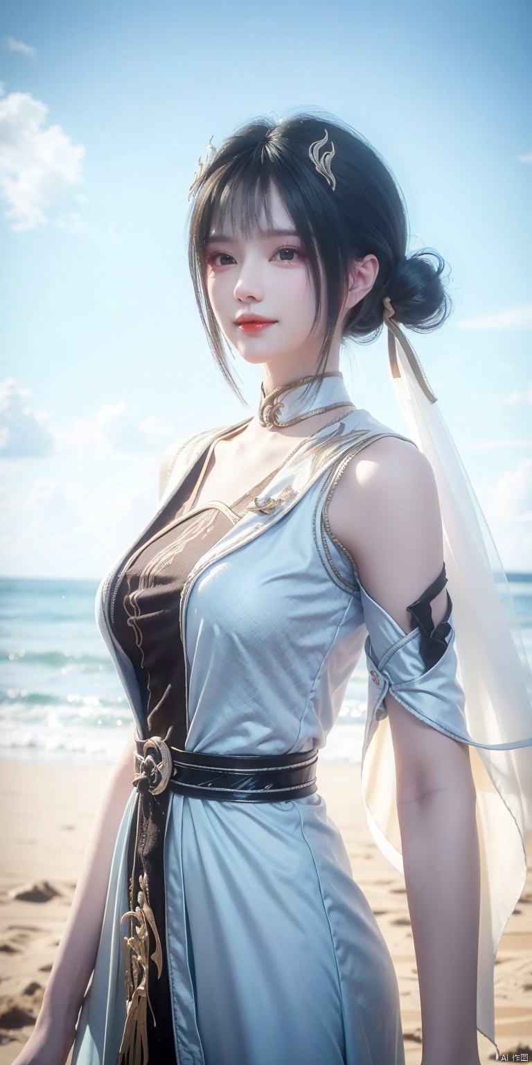 best quality, masterpiece, realistic,cowboy short,(Good structure), DSLR Quality,Depth of field,kind smile,looking_at_viewer,Dynamic pose, , Blue sky and white clouds on the beach,Masterpiece, (ultra wide angle lens: 1.2), Unity8k wallpaper, best quality, (detail shadow: 1.1), a beautiful girl, on a sea of light blue silk, translucent silk, floating light blue silk, surrealist style, minimalism, highly detailed texture, light blue, white clean background, CG rendering, light passing through clouds, 8k resolution, (motion photo: 1.2), (Fidelity: 1.4), original photos, movie lighting, 1girl,, , ,kind smile, , weddingdress,danchen,hair bun,hair ornament