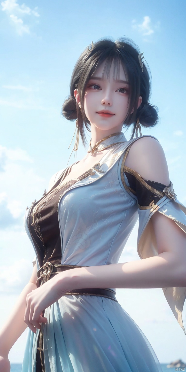 best quality, masterpiece, realistic,cowboy short,(Good structure), DSLR Quality,Depth of field,kind smile,looking_at_viewer,Dynamic pose, , Blue sky and white clouds on the beach,Masterpiece, (ultra wide angle lens: 1.2), Unity8k wallpaper, best quality, (detail shadow: 1.1), a beautiful girl, on a sea of light blue silk, translucent silk, floating light blue silk, surrealist style, minimalism, highly detailed texture, light blue, white clean background, CG rendering, light passing through clouds, 8k resolution, (motion photo: 1.2), (Fidelity: 1.4), original photos, movie lighting, 1girl,, , ,kind smile, , weddingdress,danchen,hair bun,hair ornament