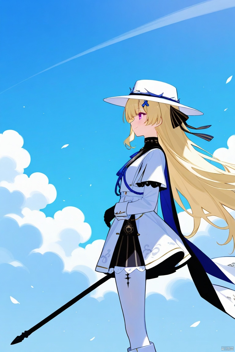(score_9,score_8_up,score_7_up), (masterpiece),( beautiful),(high quality),(finely detailed),extremely detailed CG unity 8k wallpaper,best quality, 1girl, solo, long hair, smile, bangs, blonde hair, hair ornament, gloves, long sleeves, hat, dress, holding, very long hair, purple eyes, full body, weapon, pantyhose, boots, black gloves, white dress, from side, profile, white headwear, white footwear, white pantyhose,phoebe