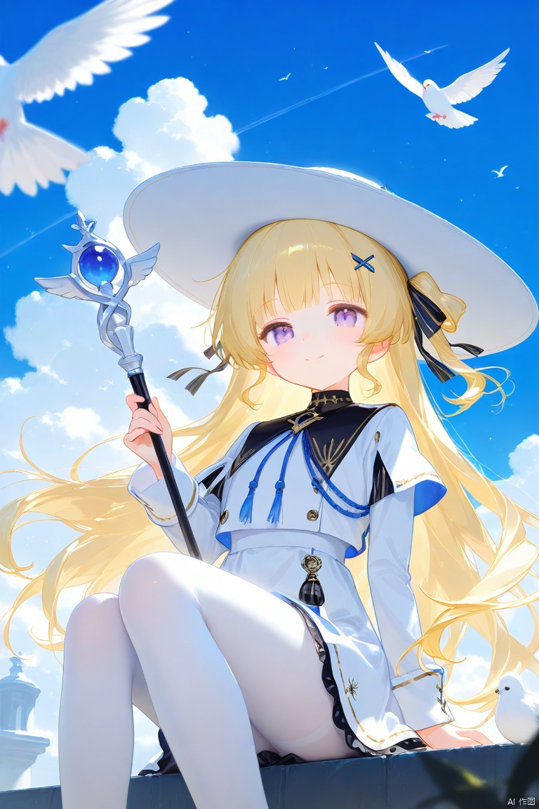 (score_9,score_8_up,score_7_up), (masterpiece),( beautiful),(high quality),(finely detailed),extremely detailed CG unity 8k wallpaper,best quality, 1girl, solo, long hair, looking at viewer, smile, bangs, skirt, blonde hair, shirt, hair ornament, long sleeves, hat, sitting, very long hair, closed mouth, purple eyes, sky, cloud, blue sky, bird, white headwear, white skirt, staff, white pantyhose, blurry foreground, holding staff, dove, white bird,phoebe