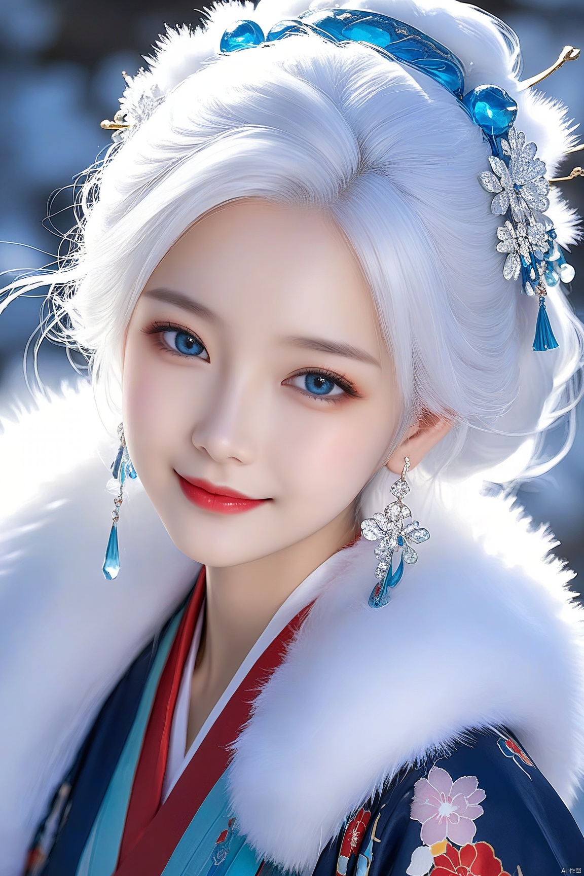1girl, solo, looking at viewer, smile, blue eyes, hair ornament, jewelry, closed mouth, upper body, white hair, earrings, japanese clothes, kimono, blurry, lips, head tilt, fur trim, makeup, lipstick, fur collar, red lips