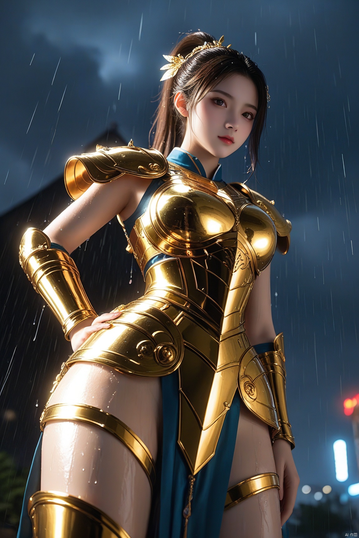 score_9,score_8_up,score_7_up,view from below,1girl,rain,(wet:1.2),whole body,golden armor,hair_ornament,high ponytail,collarbonea,sleeveless,view from below