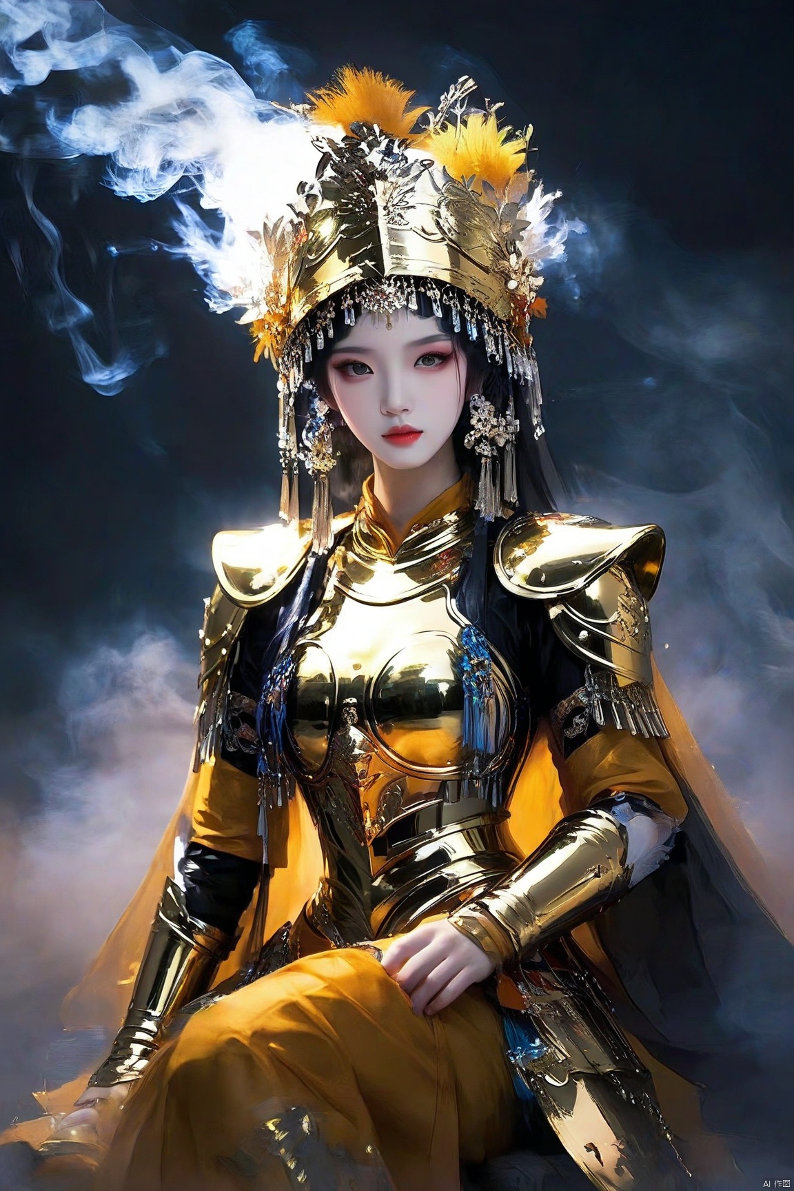 score_9 score_8_up score_7_up,xiqu,1girl, solo, makeup,hair ornament, golden armor,sitting, night, smoke