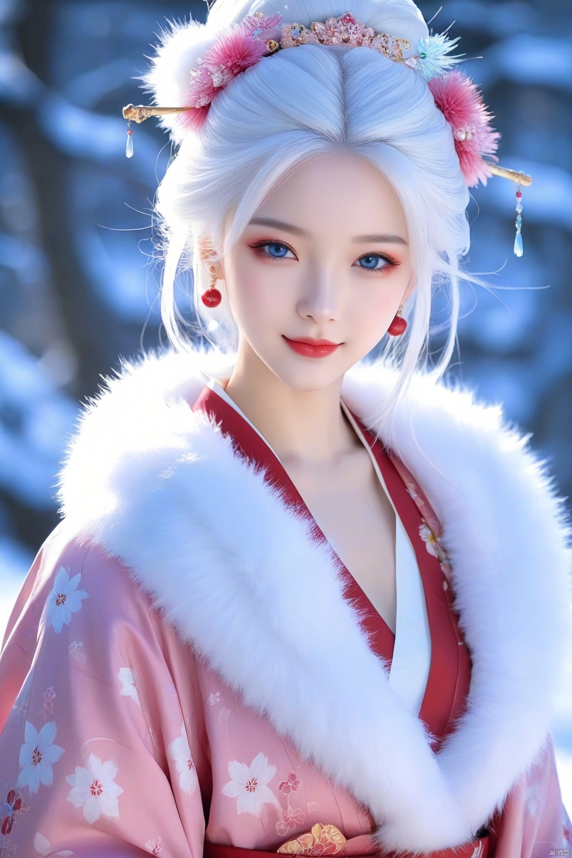 1girl, solo, looking at viewer, smile, blue eyes, hair ornament, jewelry, closed mouth, upper body, white hair, earrings, japanese clothes, kimono, blurry, lips, head tilt, fur trim, makeup, lipstick, fur collar, red lips
